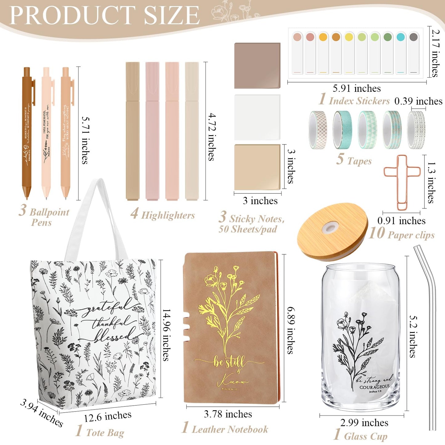 Singhoow 29 Pcs Bible Journaling Supplies Kit 16 oz Glass Cup Canvas Bag Leather Notebook Highlighters Pens Sticky Note Tapes Bible Study Supplies for Women Sunday School Teacher(Boho, Khaki)
