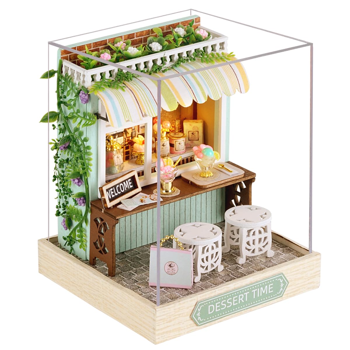 Miniature House Kit, CUTEROOM Tiny House Kit Wooden Dollhouse Kit Mini House Making Kit with Dust Cover, DIY Dollhouse Kit Birthday Gift (Dessert Time)
