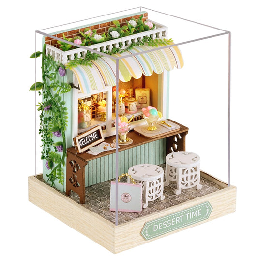 Miniature House Kit, CUTEROOM Tiny House Kit Wooden Dollhouse Kit Mini House Making Kit with Dust Cover, DIY Dollhouse Kit Birthday Gift (Dessert Time)
