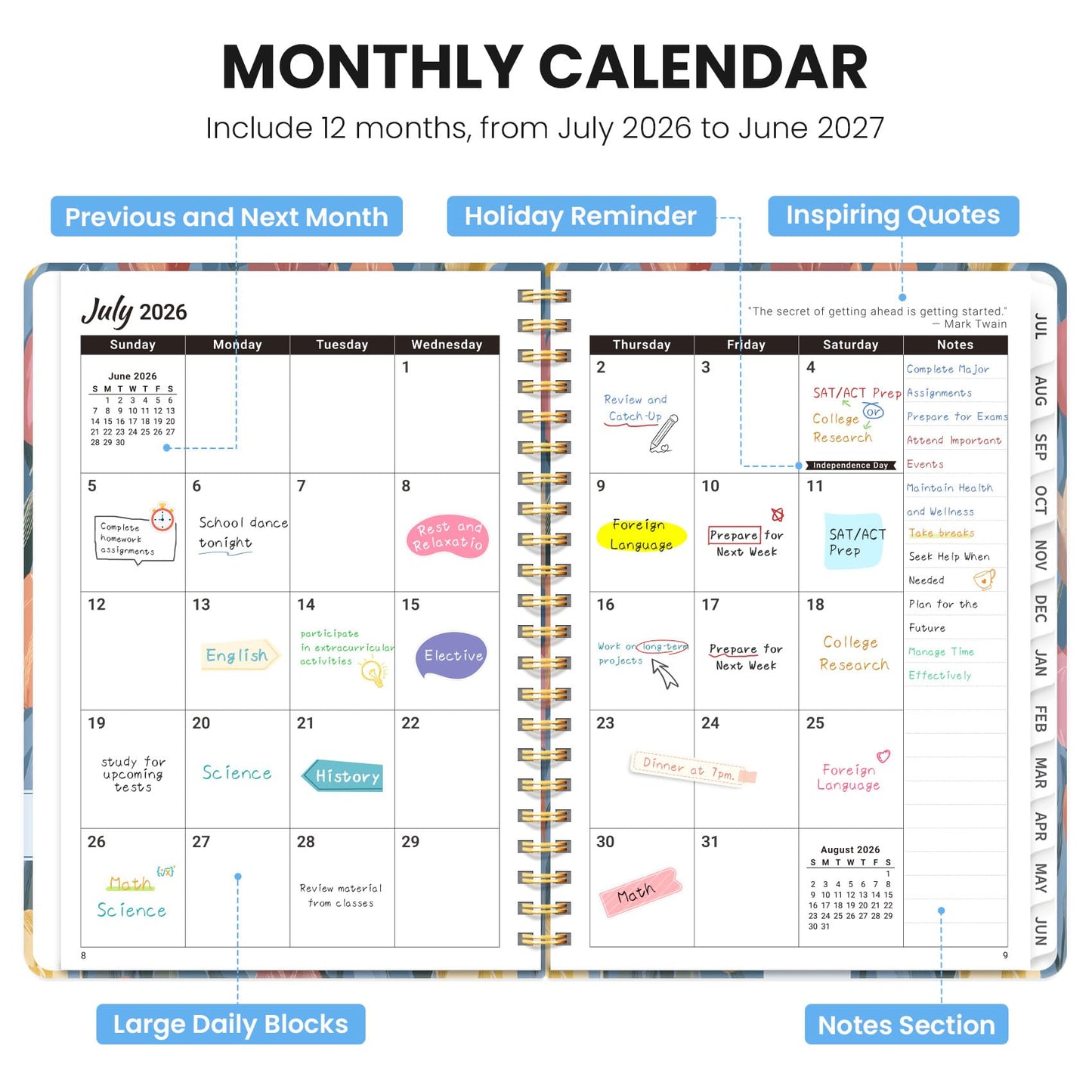Academic Planner 2026-2027, Monthly and Weekly Calendar Planner, July 2026 - June 2027, Pretty Hardcover Teacher Student Planning Agenda Book with Tabs, Fit for School Office Supplies, 6.3" x 8.5", Soft Tulips