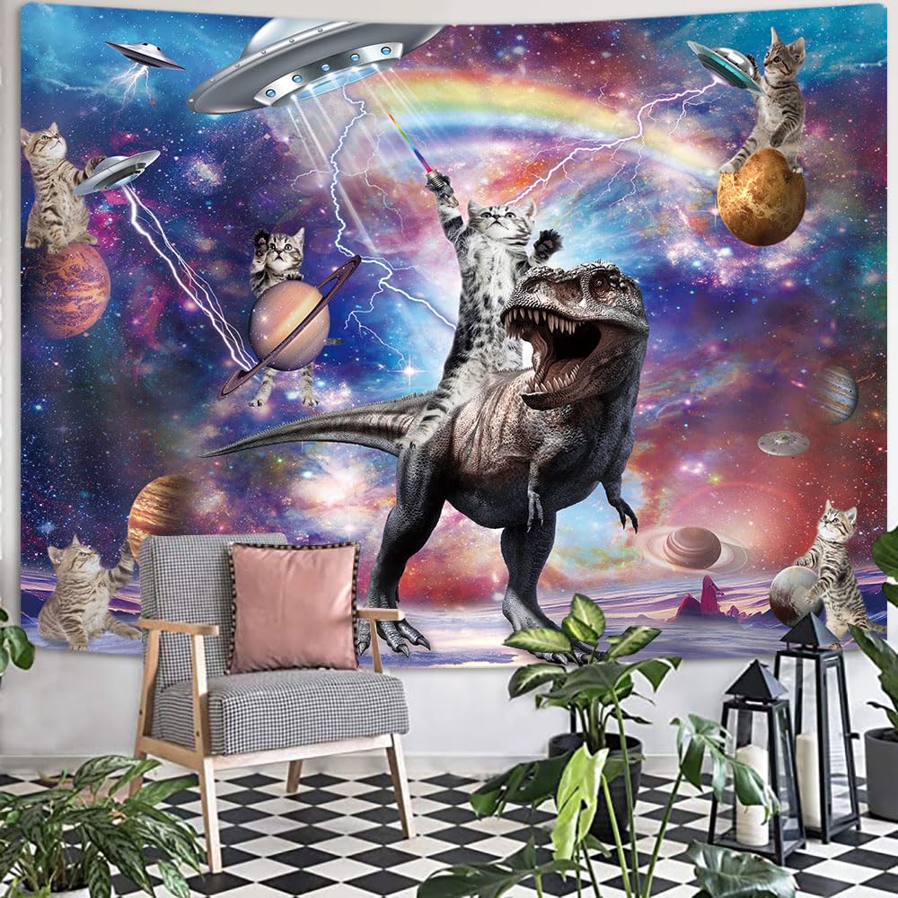 Funny Cat Tapestry, Cool Cat Riding Dinosaur on Fantasy Universe Galaxy Space UFO Tapestries for Boys Kids, Hilarious Animals Anime Cool Tapestry Wall Hanging 60X40 Inches for Bedroom Living Room Dorm Room