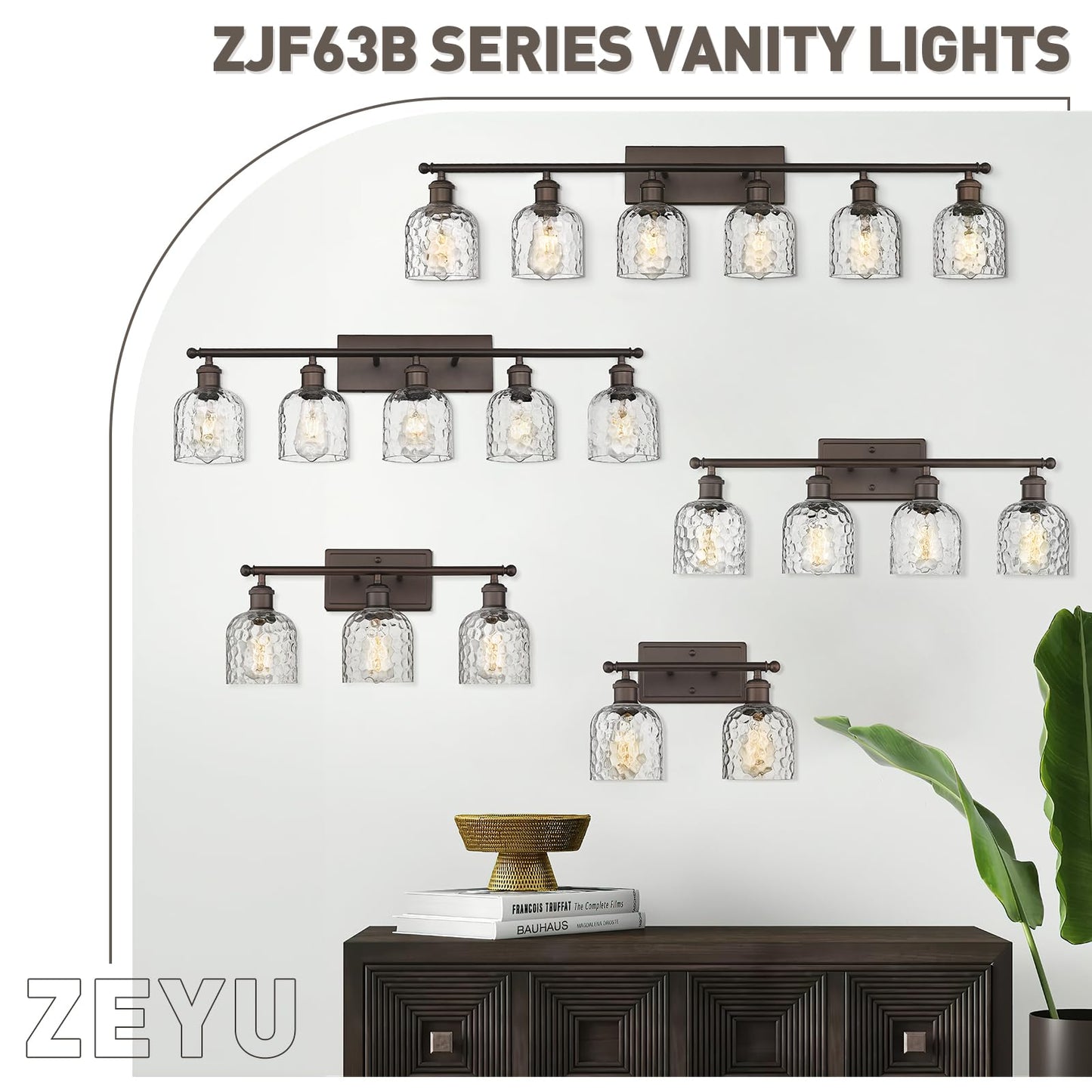 zeyu 35 Inch Farmhouse Bathroom Vanity Light Fixture, 5-Light, Oil Rubbed Bronze Finish, Clear Hammered Glass, Model ZJF63B-5W ORB