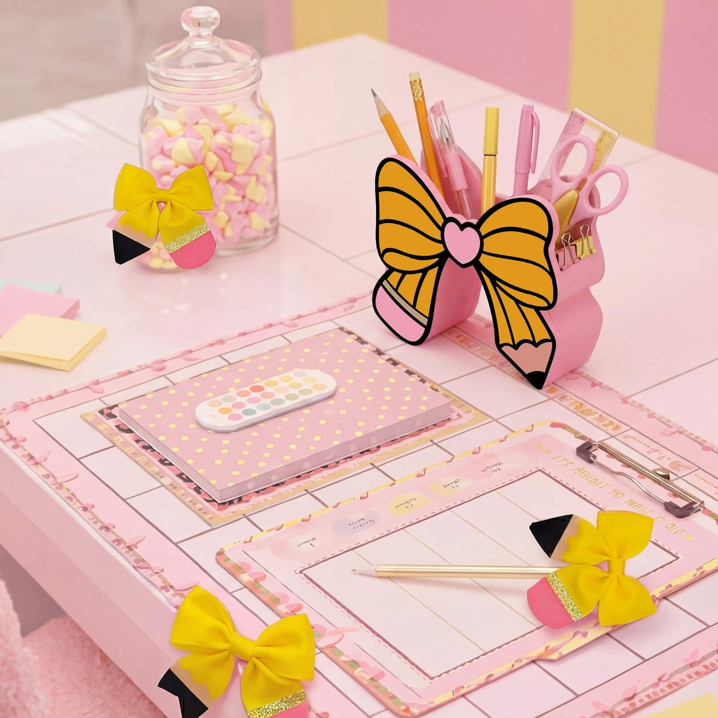 Tenceur Pencil Bow Pen Holder for Desk Large Capacity Bow Pencil Holder Coquette School Supplies Set Desk Organizer Cute Teacher Office Decor Makeup Brush Holders Back to School Gift for Girls Women