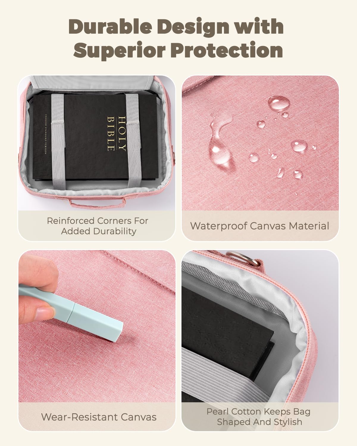 WEMATE Large Capacity Bible Cover Case, Waterproof Study Supplies Tote Bag with Double-Layer Handle & Shoulder Strap, Bag for Women, Girls, Teens, and Christian (Pink)