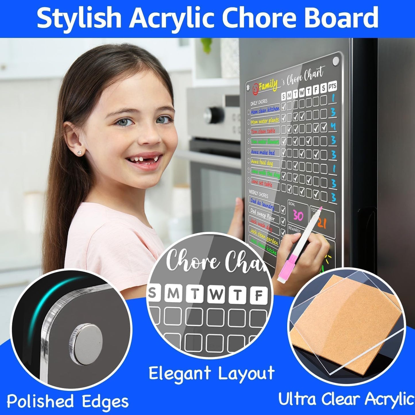 PigPotParty Acrylic Magnetic Chore Chart for Kids on Fridge – 9.5"x12" Daily & Weekly Dry Erase Chore Board with 8 Fine Tip Markers and 1 Towel – Responsibility Chart with Reward Point System