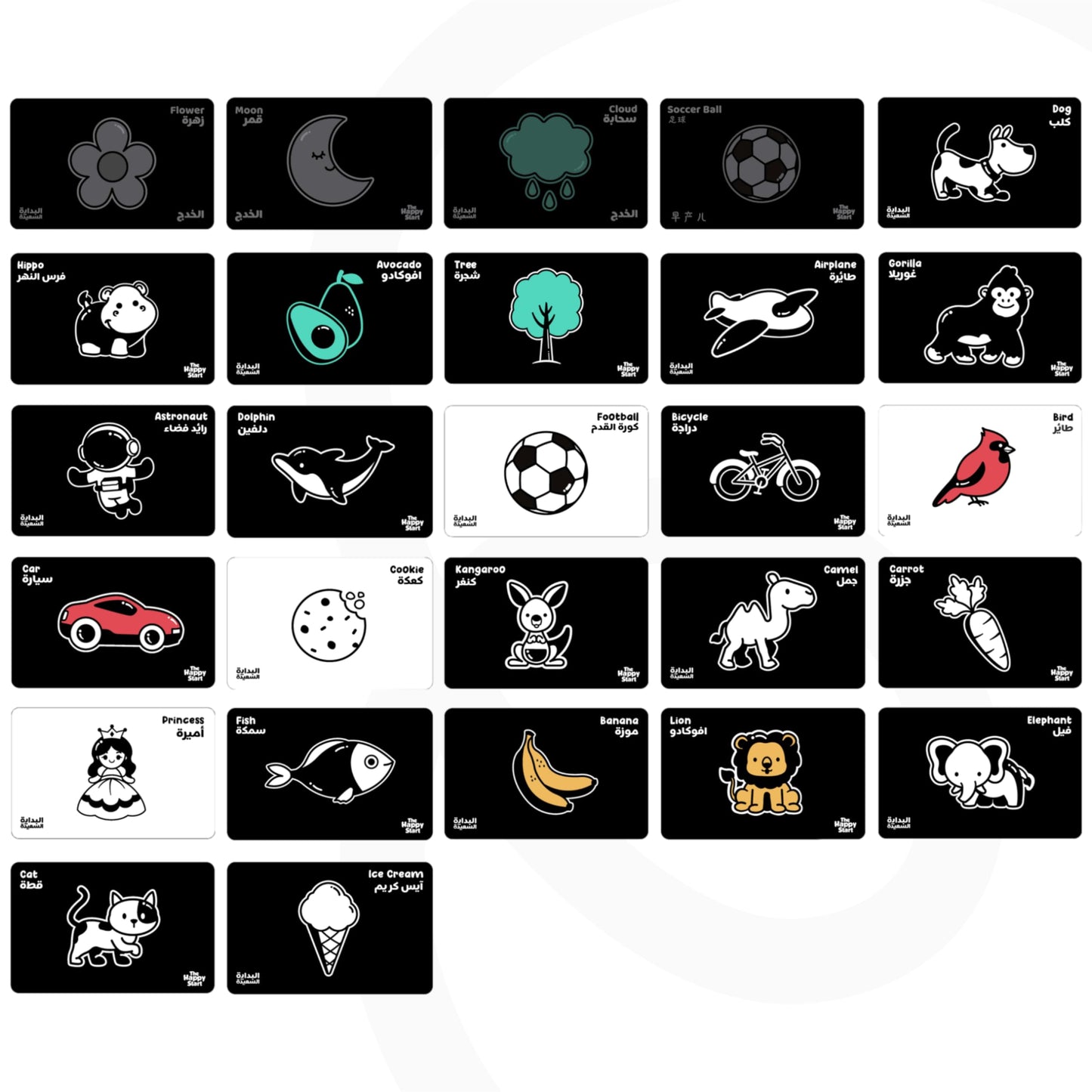Happy Start High Contrast Baby Cards for Newborns - Black & White Cards, Water-Resistant, BPA-Free, Portable Educational Flashcards for Visual Stimulation, Award-Winning, Ages 0+ (English & Arabic)