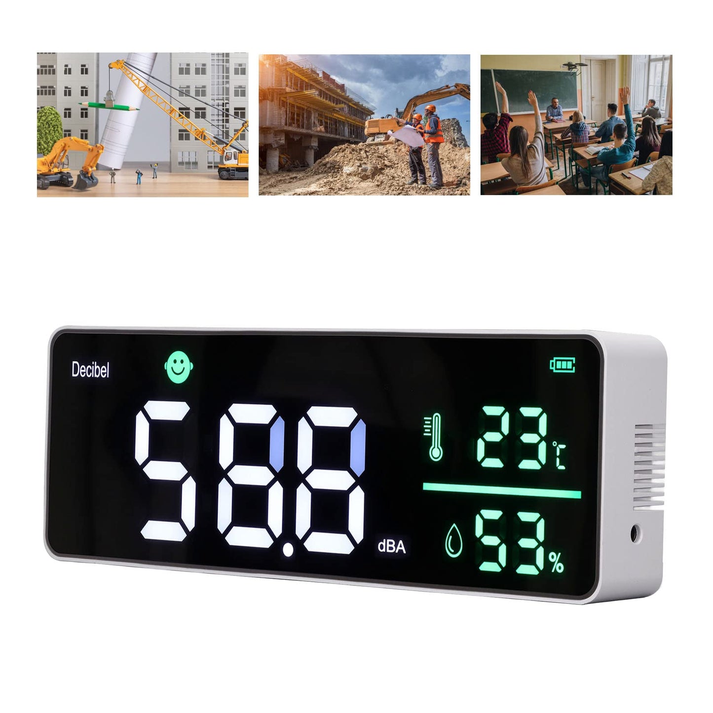 Decibel Meter, Wall Hanging Sound Level Meter, Noise Decibel Meter, 3 in 1 Noise Temperature Humidity Meter, 30 to 130dB Range, with 11in Large LED Display Screen, for Classroom