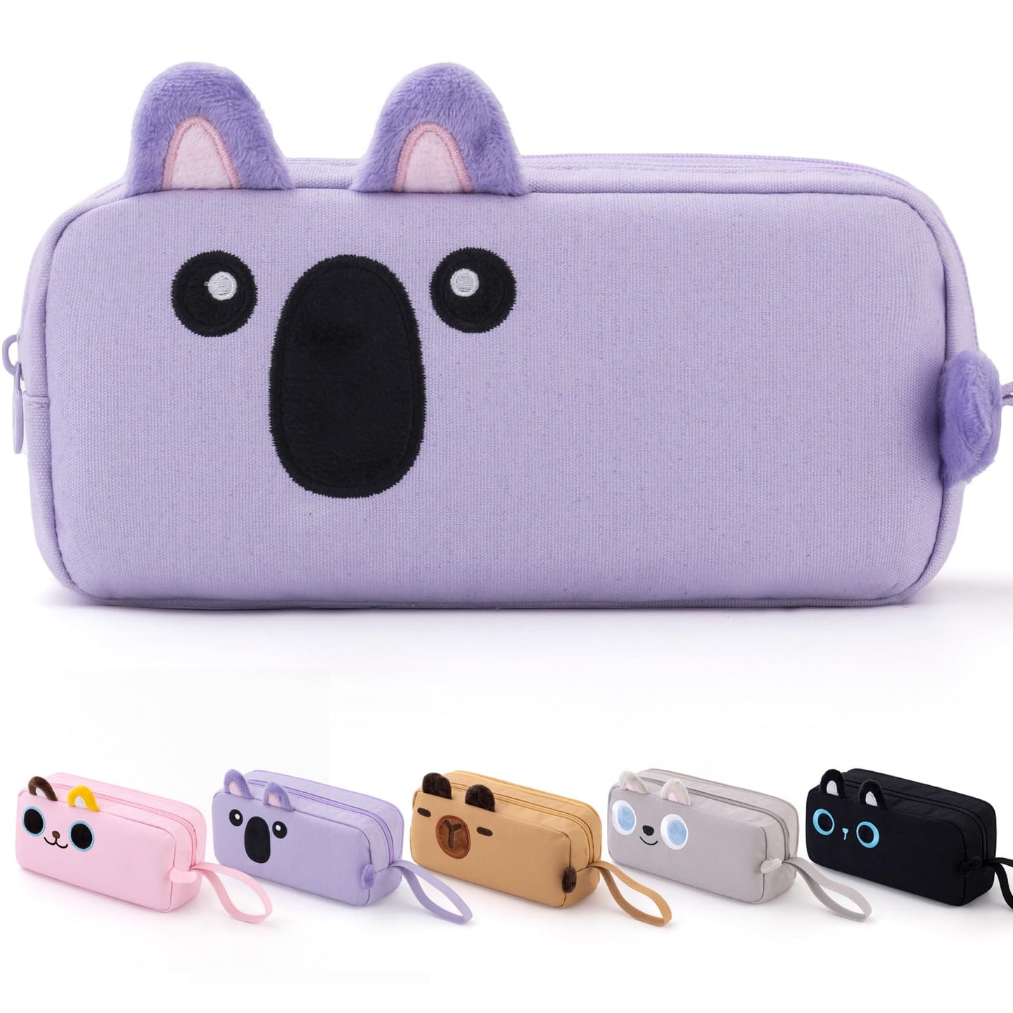 CICIMELON Cartoon Pencil Case, Large Capacity Pen Pouch with Embroidered Animal Design, School Supplies Bag for Kids, Teens, Students (Purple Koala)