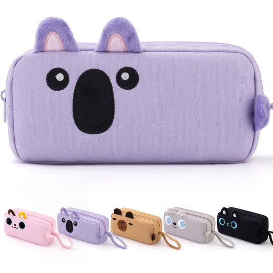CICIMELON Cartoon Pencil Case, Large Capacity Pen Pouch with Embroidered Animal Design, School Supplies Bag for Kids, Teens, Students (Purple Koala)