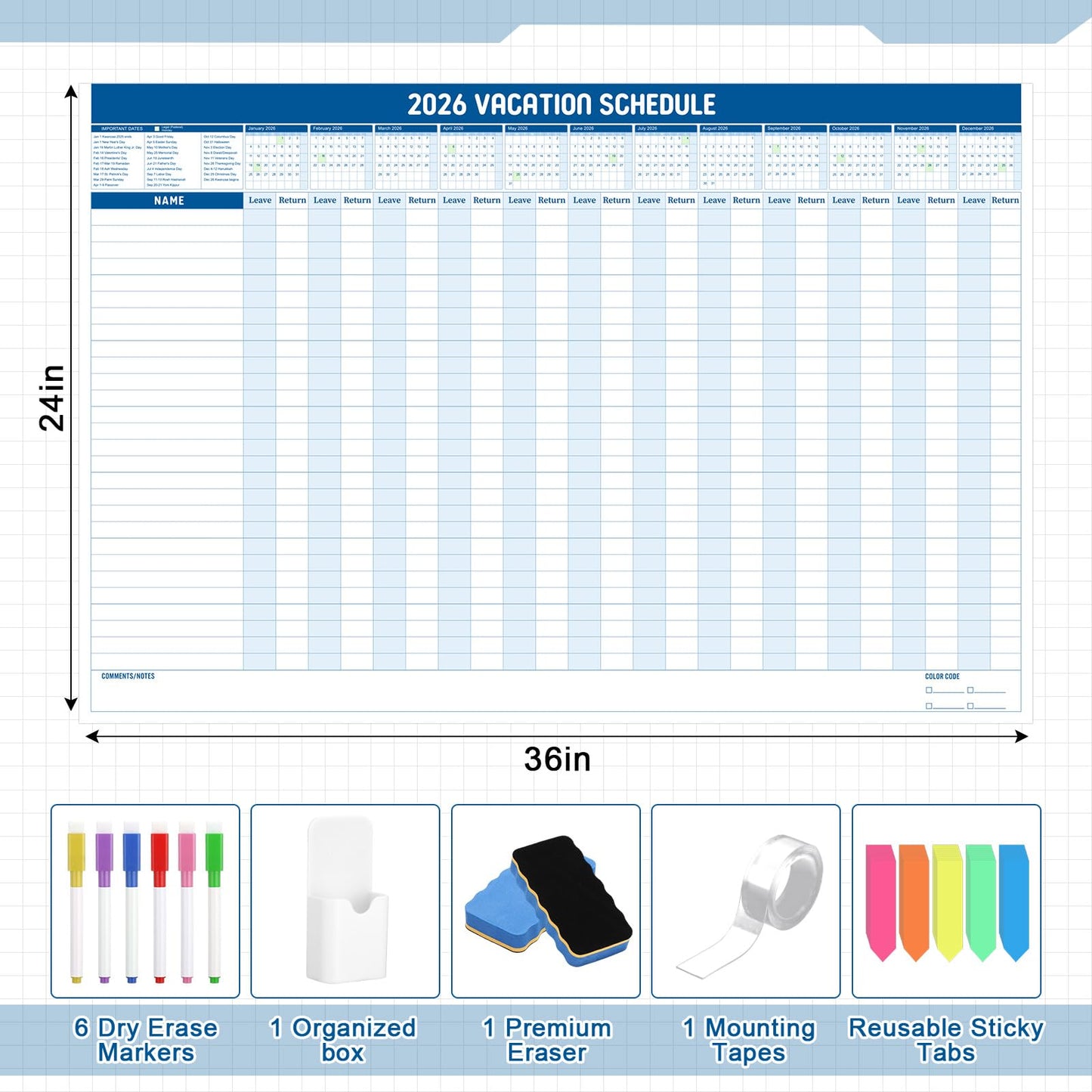Lincia Large Magnetic 2026 Full Yearly Vacation Board Schedule Dry Erase Wall Planner Calendar Reusable Project Office Whiteboard 24" x 36" Vacation Calendar for Management, Planning, Organizing