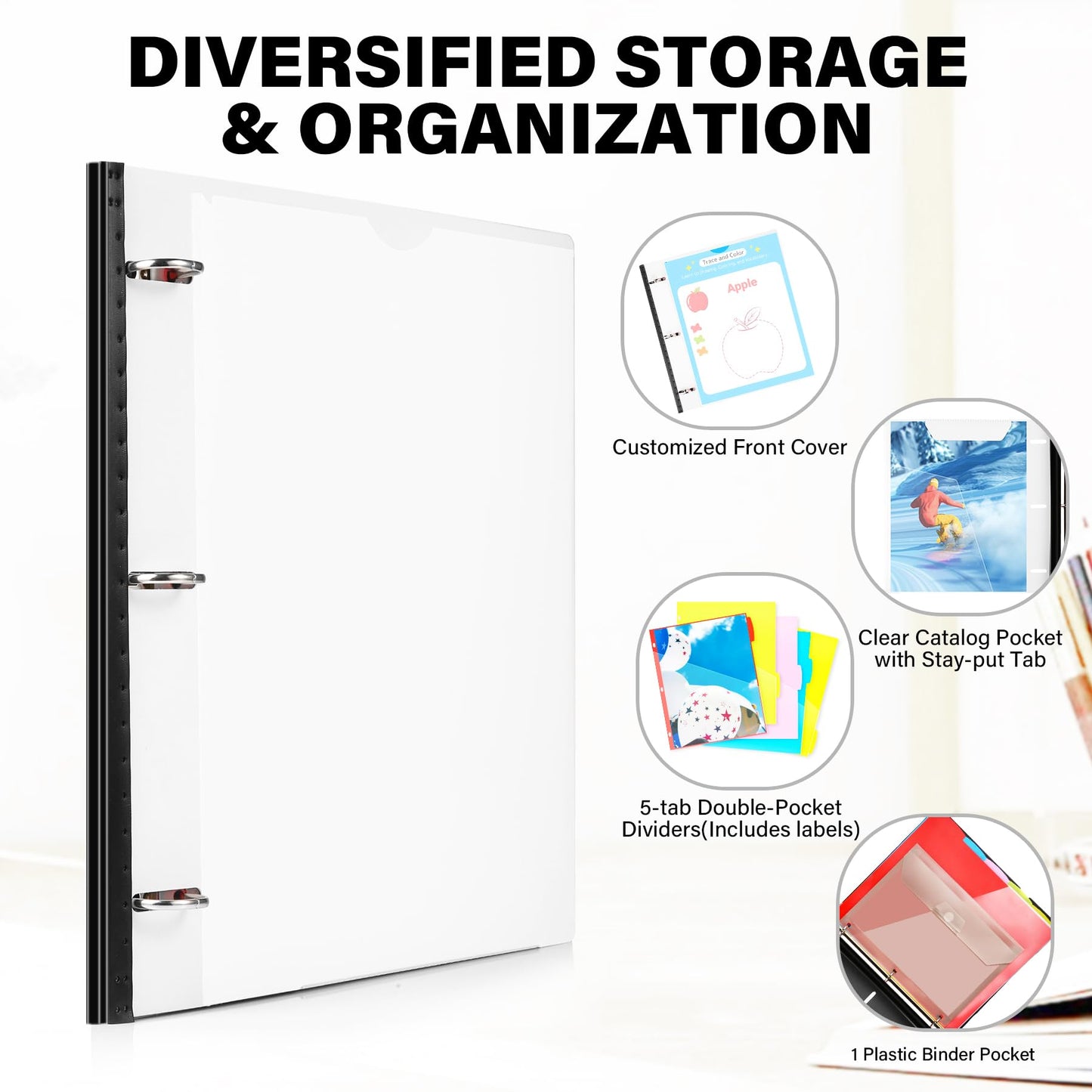 WOT I Telescoping Project Organizer, Refillable 3 Ring Binder with Dividers and Pockets, 13 Pocket Folders, 1 Inch 3 Rings, White