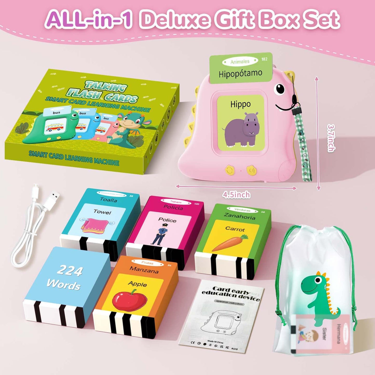 Alotwan Girls Toys Spanish Talking Flash Cards - Toddler Montessori Toys for Age 2-4, Bilingual Español Speech Therapy, 224 Words Preschool Learning Activity, Gifts for Little Girls 2 3 4 5 Years Old