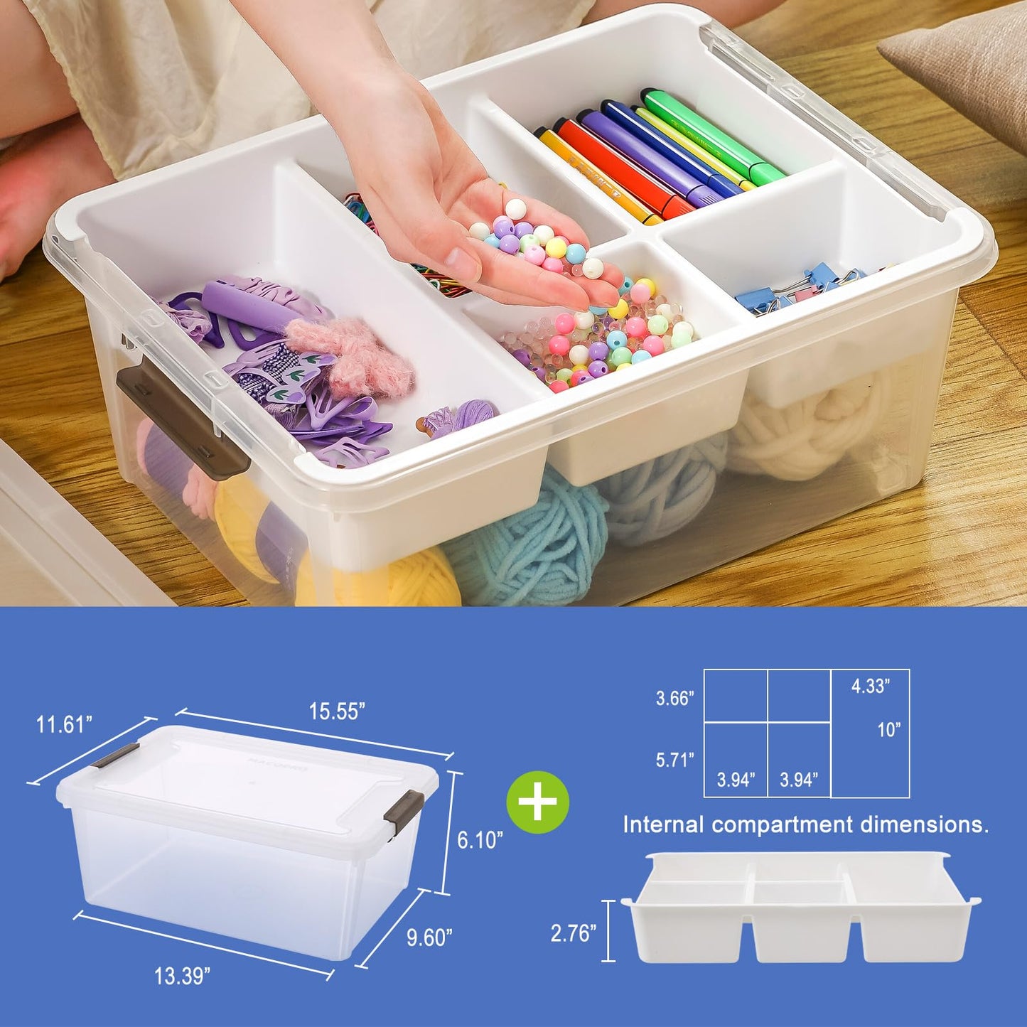 MACOPRO 17 QT Plastic Storage Box with Removable Tray, Bins with Lids, Clear Storage Container for Craft Organization, Beads, Tools, Sewing, and Playdoh, Art Supply Organizer (White, 1Pack-17QT)