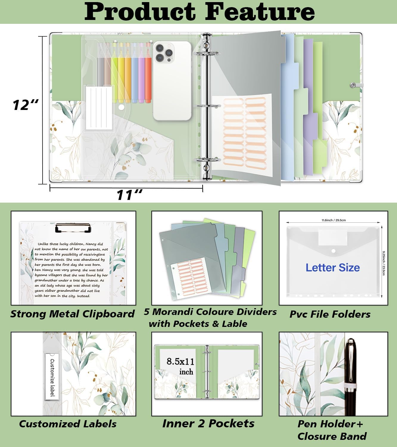3 Ring Binder 2 Inch, Three Ring Binders Organizer with Clipboard, 5-Tabs Pockets Dividers, Plastic Folder, 18 Divider Stikers, KLLVE Cute Binder with Pen Loop (Leaves, Letter Size)