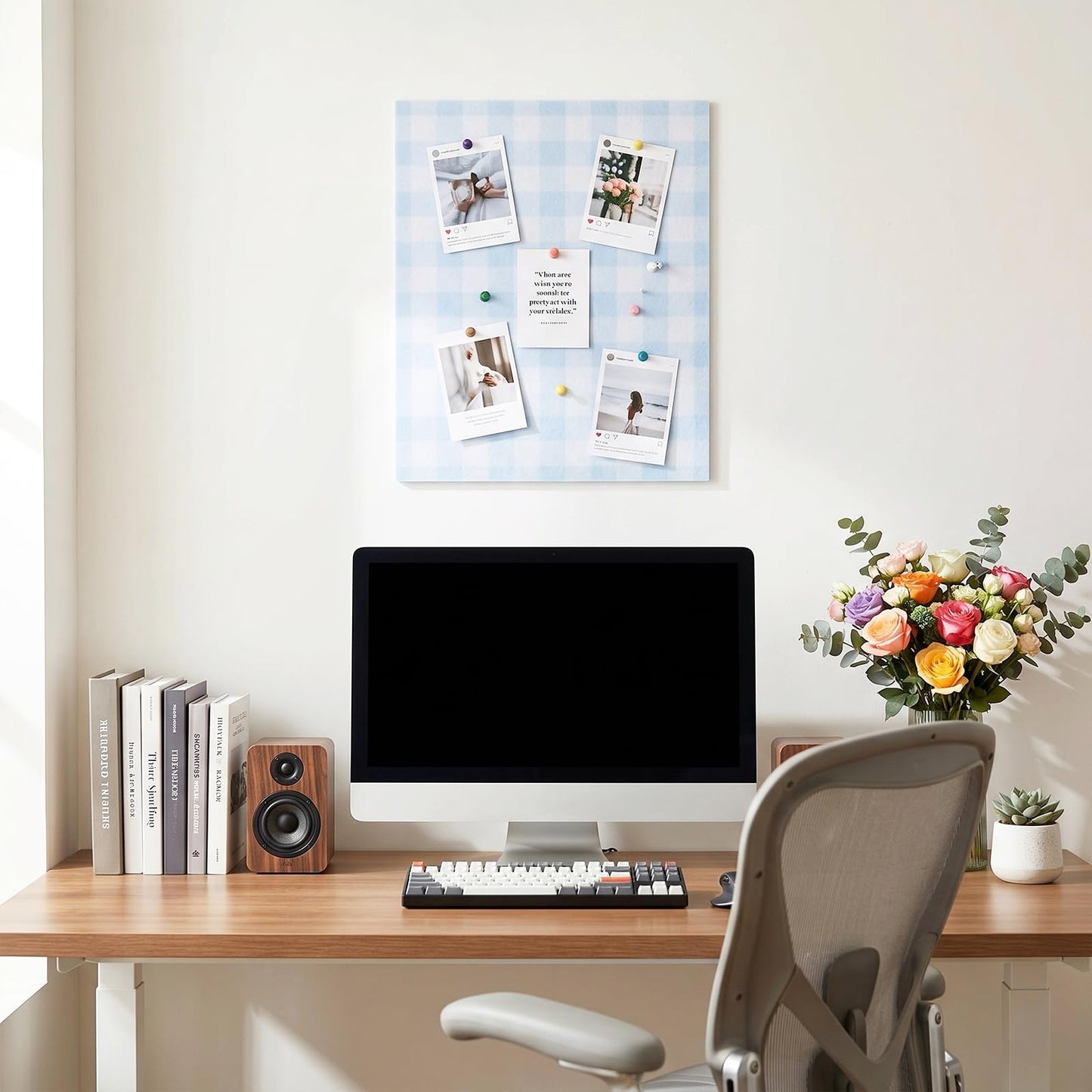 Chicplaid Gingham Cork Bulletin Board 16'' x 12'' Decorative Felt Pin Cork Board Alternative for Wall Checkboard Office School Home Vision Decoration (Blue)