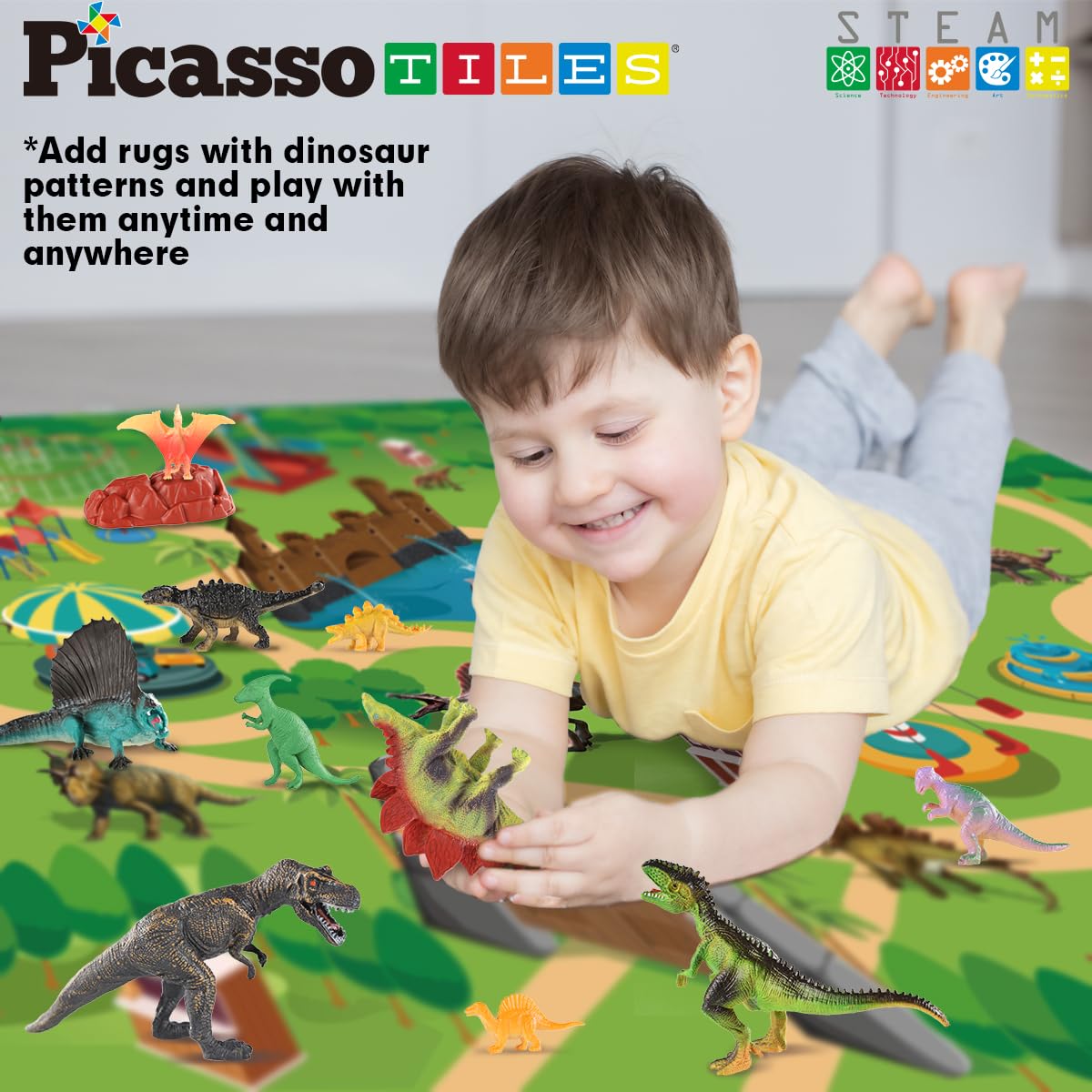 PicassoTiles Dinosaur Play Mat Toys 32pc Dino Playset STEM Activity Learning Kit STEAM Toy with Educational Book, 21 Action Figures T-Rex, Triceratops, Velociraptor, Trees, Rocks for Kids 3+ PTD11