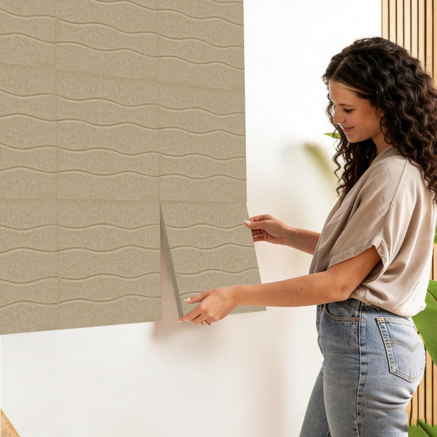 AKONEGE Felt Bulletin Board Tiles 12 Pack, 48" x 36" Cork Board Alternative, DIY Pin Board Wall Tiles for Photo Wall, Vision Board, Room & Home Office Decor, Stick-On with Adhesive Tabs, Deep Camel