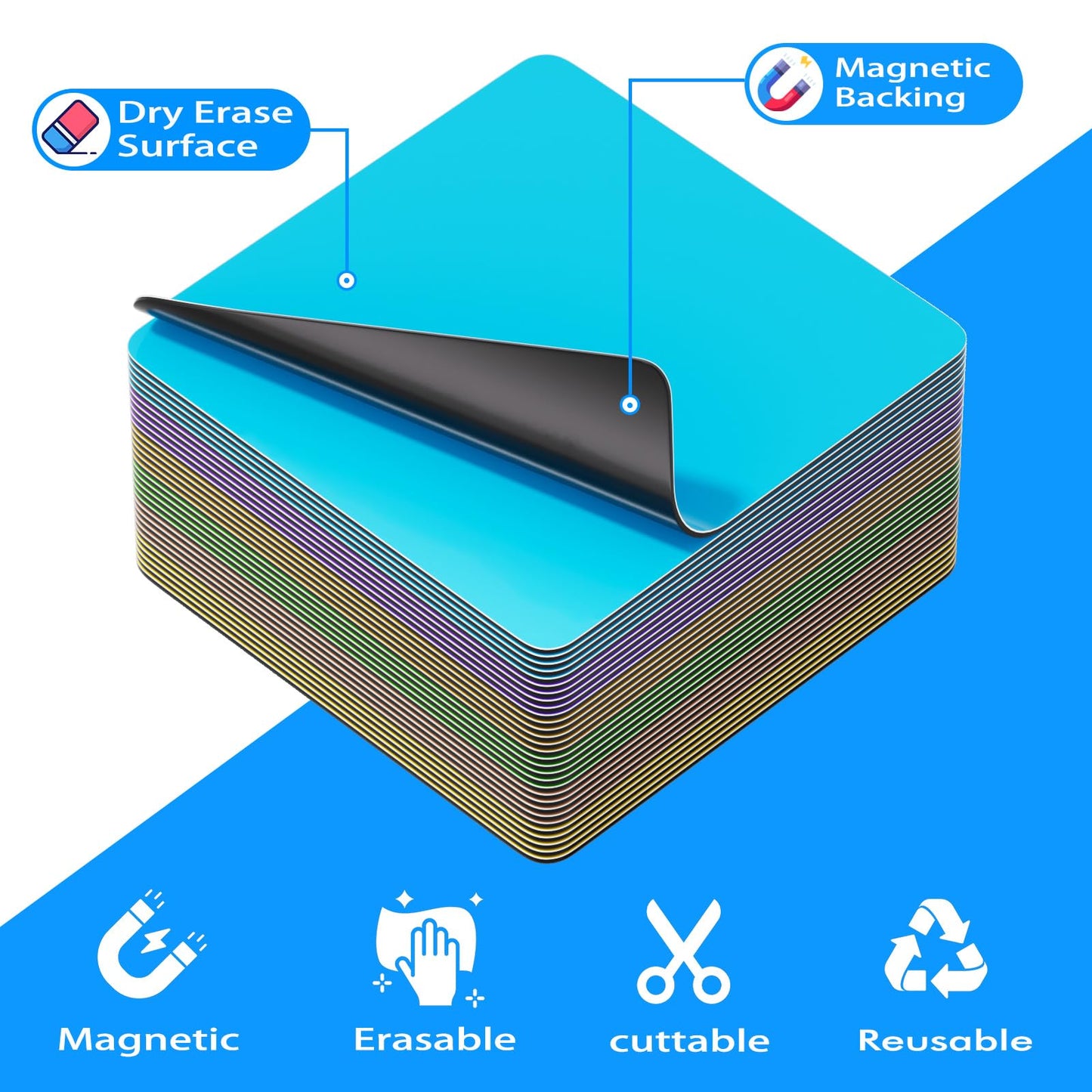 Bintomo Reusable Magnetic Sticky Notes: 30PCS 3"x3" Dry Erase Magnets Labels for Whiteboard, Fridge, Locker - Cute Erasable Post Sticker with Marker for Classroom Office Home White Board Accessories