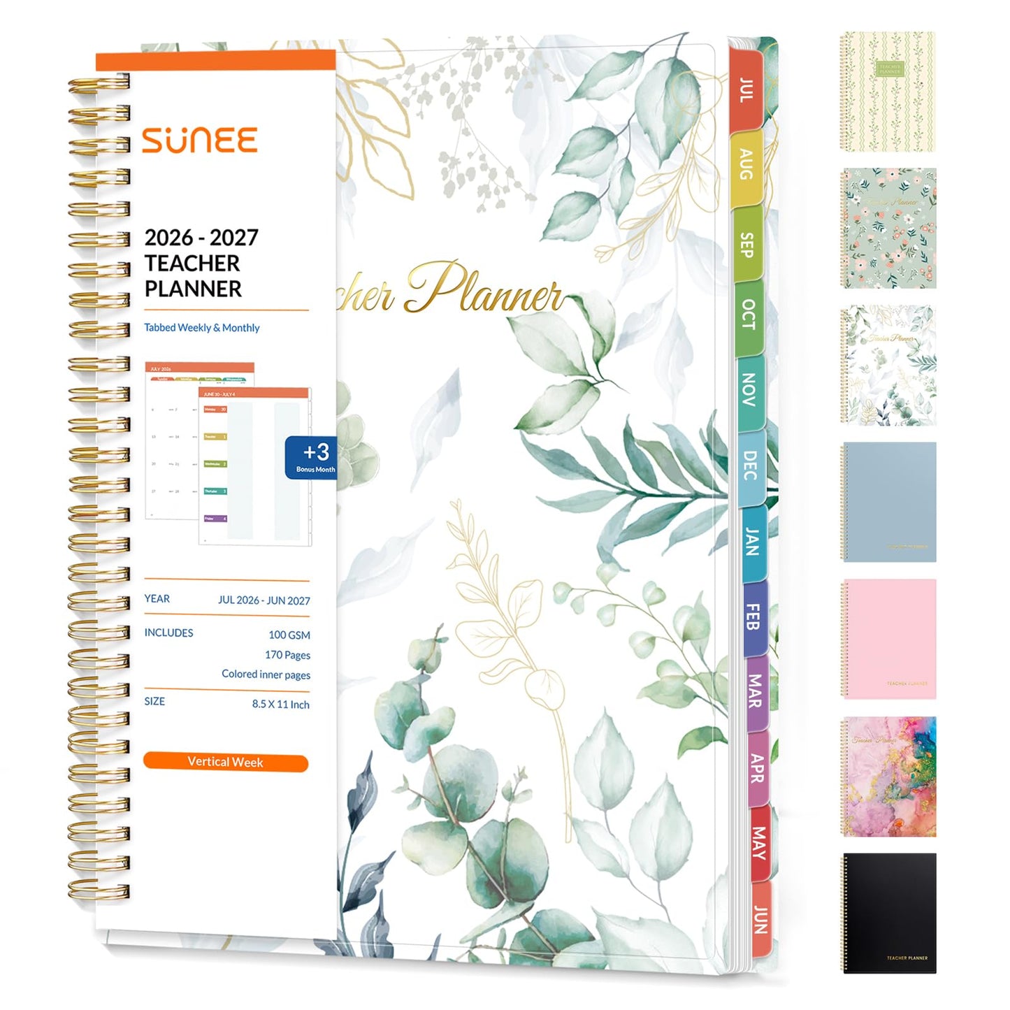 SUNEE Teacher Planner 2026-2027 Academic Year, Lite Lesson Planner Book with 7 Periods Jul 2026 - Jun 2027, 8.5"x11" Daily Weekly and Monthly Organizers, Plan Book with Pocket, Color Tabs, Full Leaf