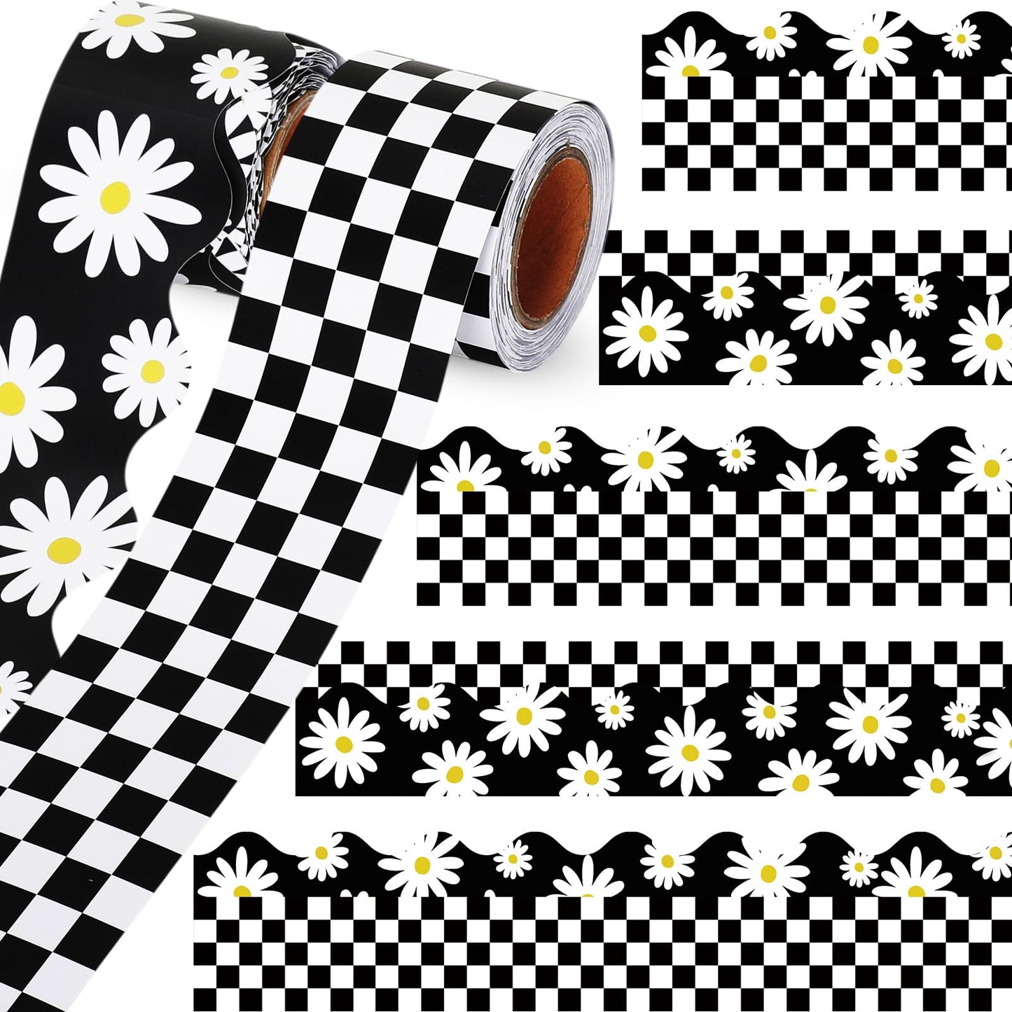Trandraft 2 Rolls 65.6ft Daisy Checkered Bulletin Board Borders Decoration Black and White Checkerboard Board Borders Strips Summer Daisy Classroom Decor for Back to School Classroom Offices Party