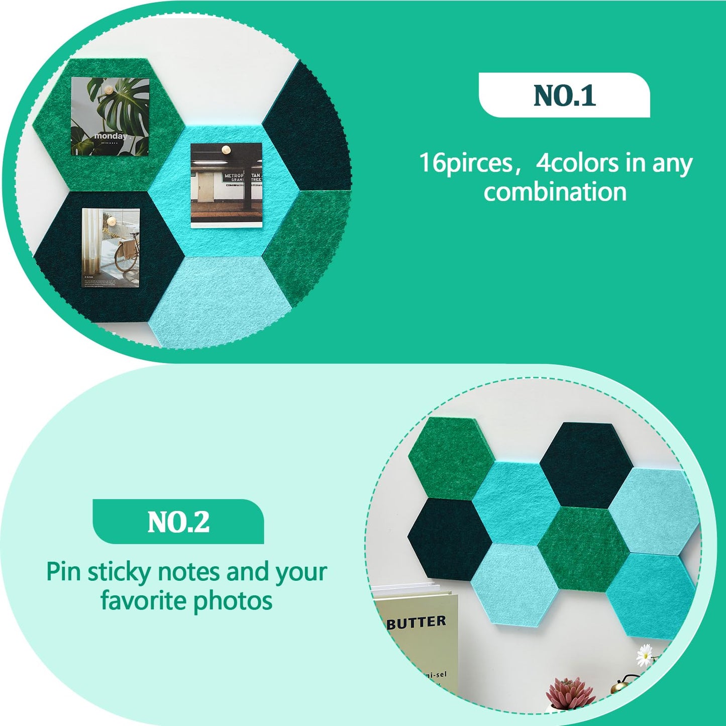 Mindsoft 16 Pcs Hexagon Cork Board for Walls with 50 Wooden Push Pins 6.7 x 5.9 in Felt DIY Tiles Notice with Nano Tape Hanging Bulletin Board for Home Photo Office Memo Note(Turquoise)