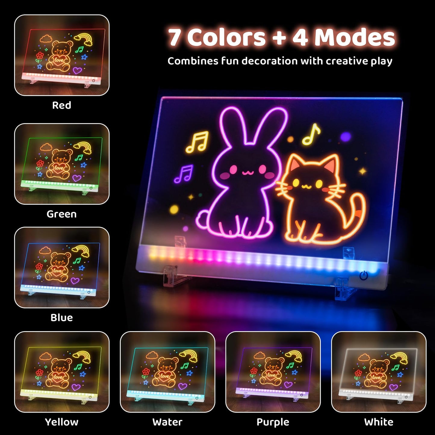 Rechargeable Led Drawing Board for Kids, 11.8*7.9" Dry Erase Board, 4 Modes &7 Colors Glow Doodle Note Board, Include Hanging Chain, 2 Stands, 8 Markers, Spray Bottle, Cleaning Cloth, Kid Girls Gifts