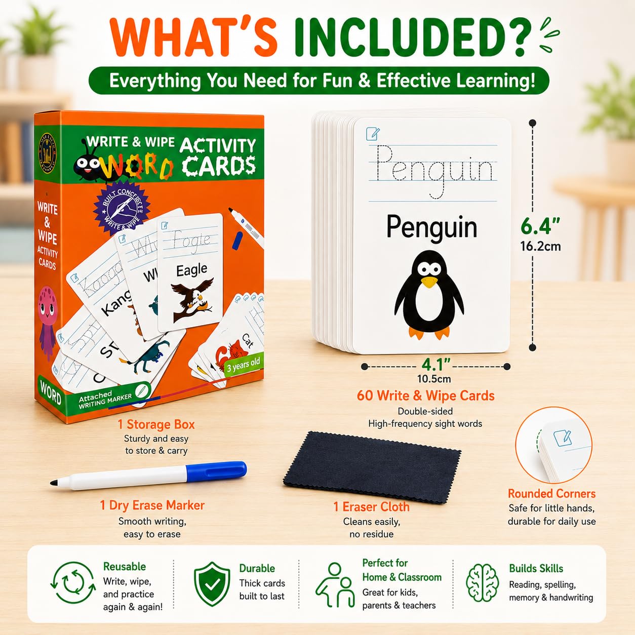 Write & Wipe Activity Cards for Kids, Reusable Tracing Flash Cards, Preschool Handwriting Practice Set, Letter Number Math Learning Activities Ages 3-6 (Sight Words)