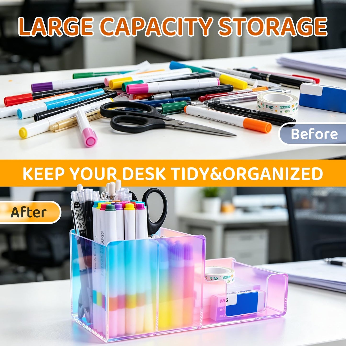 Iridescent Acrylic Desk Organizer with 3 Compartments - Clear Pencil Holder for Office, School & Home - Large Capacity Stationery Storage for Pens, Scissors, Sticky Notes, Paper Clips - Non-Slip Base