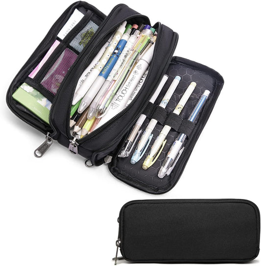 Della Gao Large Capacity Pencil Case, Aesthetic Pencil Pouch with 3 Compartments Nylon Storage Pen Bag Office Stationery Organizer for Women and Men(01-3BK)
