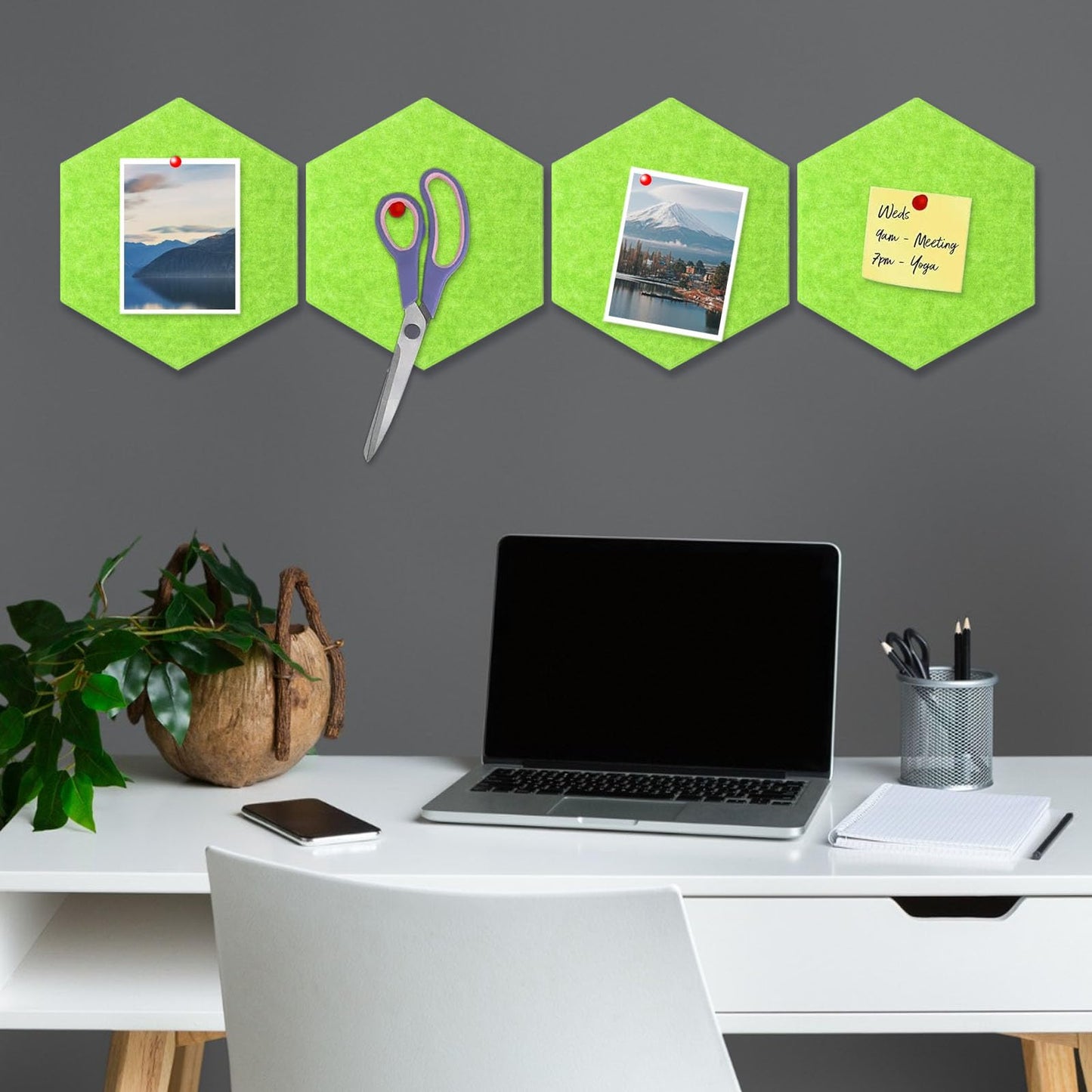 8 Packs Fluorescent Green Hexagon Felt Pin Board, 12" Bulletin Board with 30 Push Pins, Felt Board for Home Kitchen Office Decor, Self-Adhesive Corkboard Tiles for Walls Message Photos Memos Display