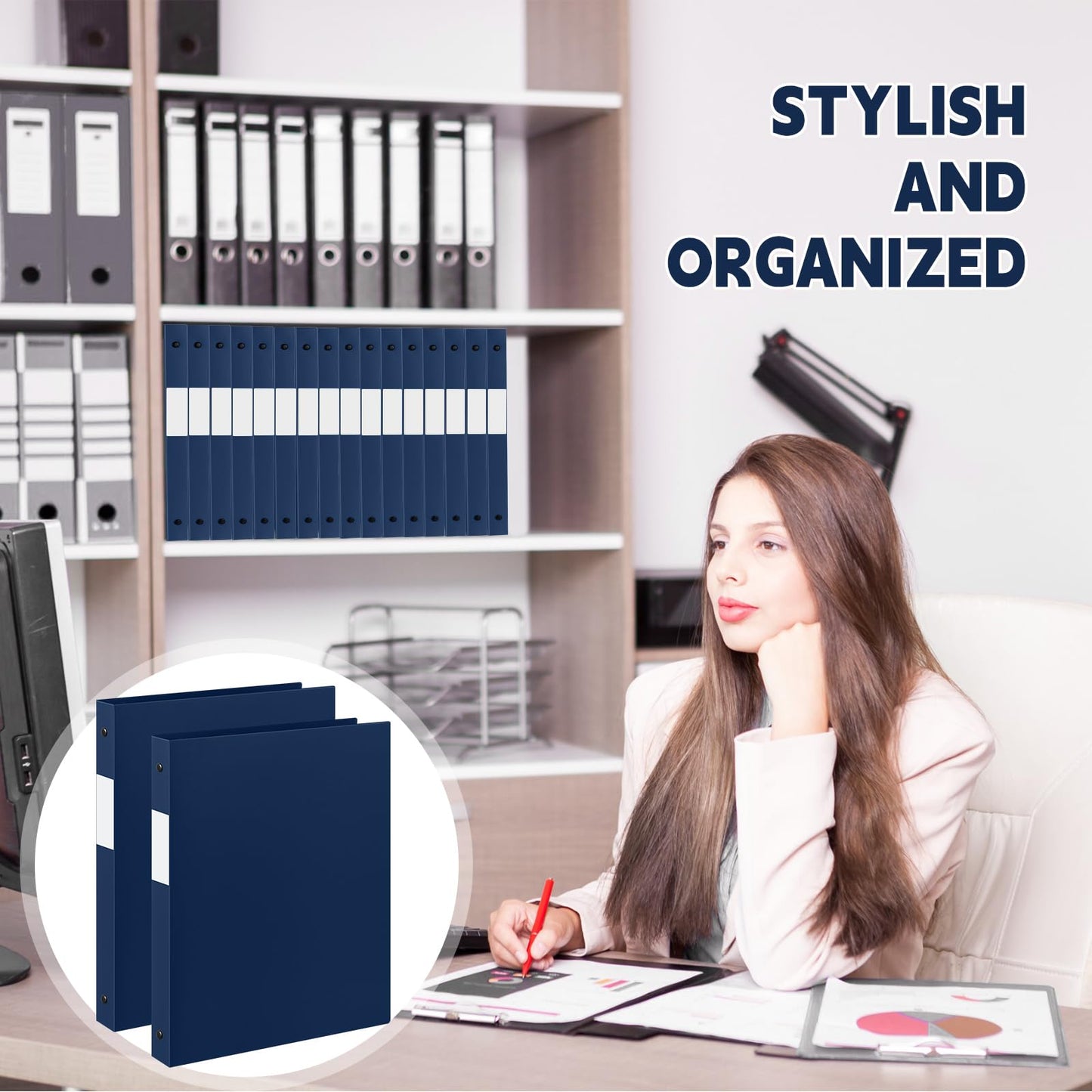 Henoyso 26 Pack 0.5 Inch Plastic 3 Ring Binder Round Ring, Bulk 1/2 Inch Flexible Binders Hold 140 Sheets Letter Size with Pocket, Document Organizer for Back to School Classroom Office (Navy Blue)