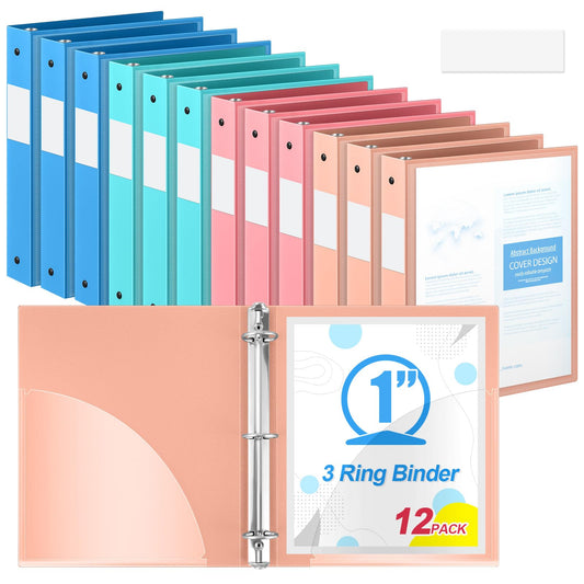 Henoyso 1 Inch 12 Pcs 3 Ring Flexible Colored Binders with Clear Front Cover and 2 Pockets, 8.5 x 11 Plastic Soft Bendable Binders Colorful for School Office, Hold 350 Sheets (Vibrant Color)