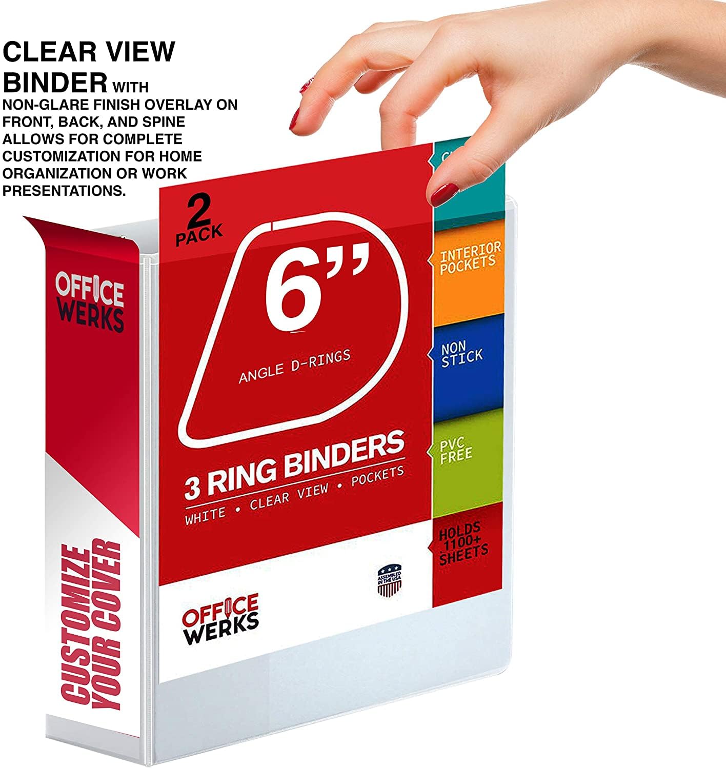 3 Ring Binders, 6 Inch D Ring Heavy Duty Large Binder with Pockets for 8.5" x 11" Sheet Size, Durable Non-Stick Customizable Clear View Cover (White)