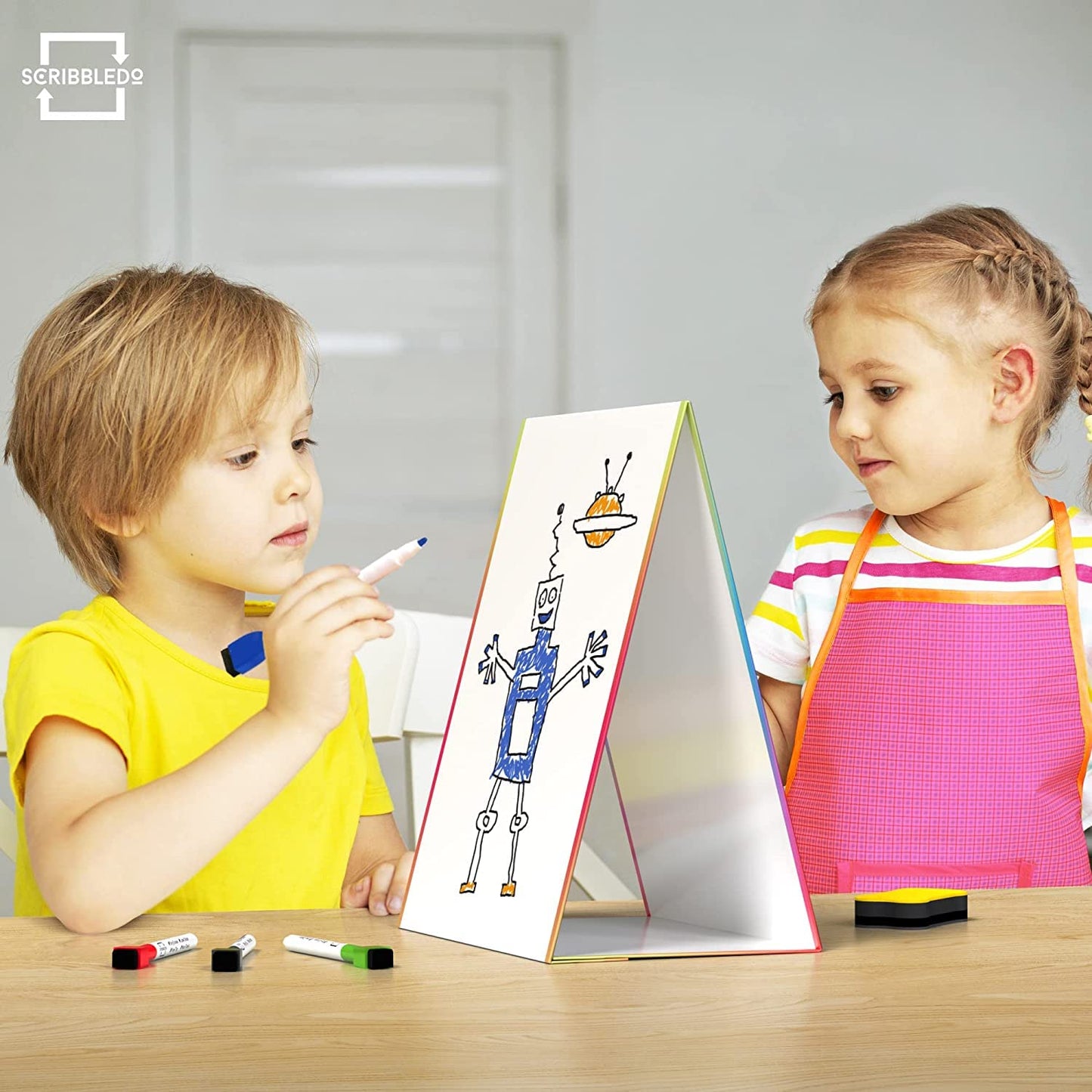 Scribbledo Table Top White Board Magnetic Easel for Kids Dry Erase Drawing Board Toddler Writing Tabletop Whiteboard with 6 Dry Erase Markers and 1 Eraser Included