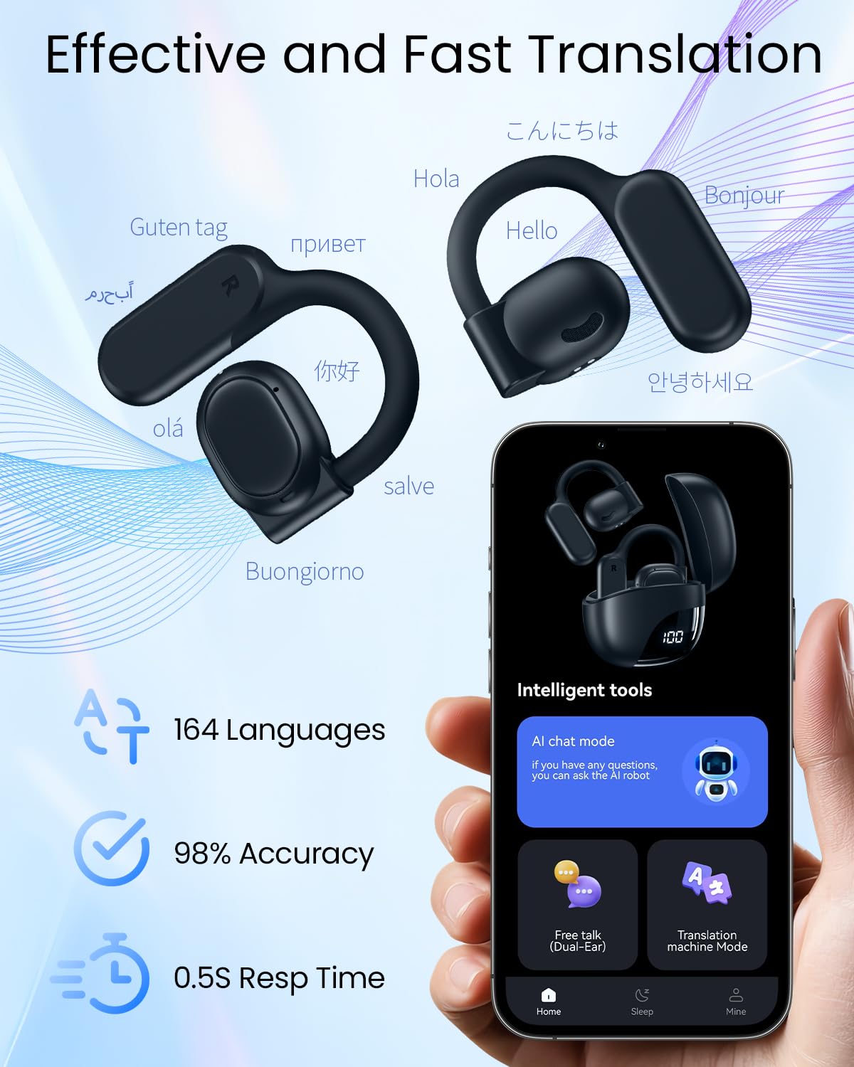AI Translation Earbuds Real Time 164 Languages 80H Playtime Translator Ear Buds Audifonos Traductores Inglés Español Wireless Earphones Bluetooth AI Headphone for Travel Meeting Learning K08 Jet Black