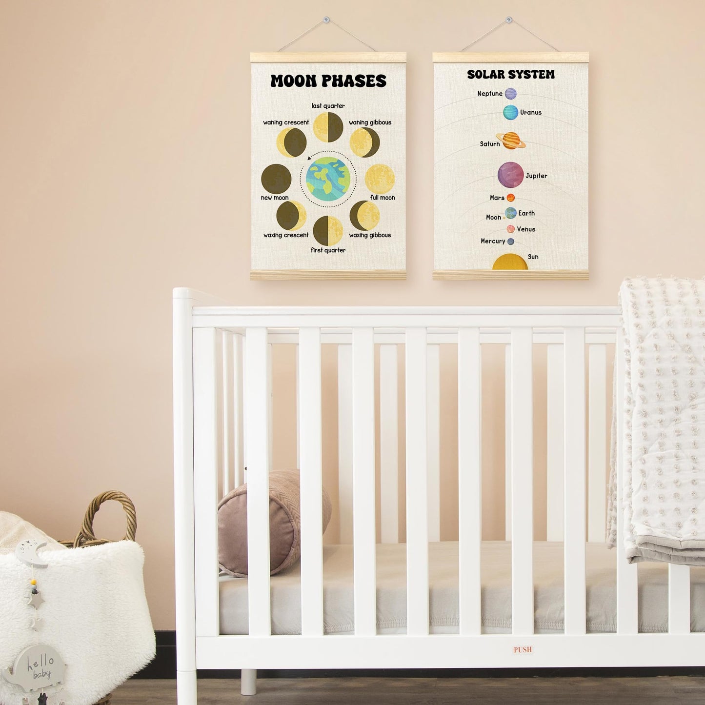 TLESKE Classroom Moon Phases Solar System Space Poster Hanger Frame Set of 2, Homeschool Hanging Wall Art Room Decor for Toddlers Kid Nursery Playroom, Preschool Prek Learning Educational Print, 12x16