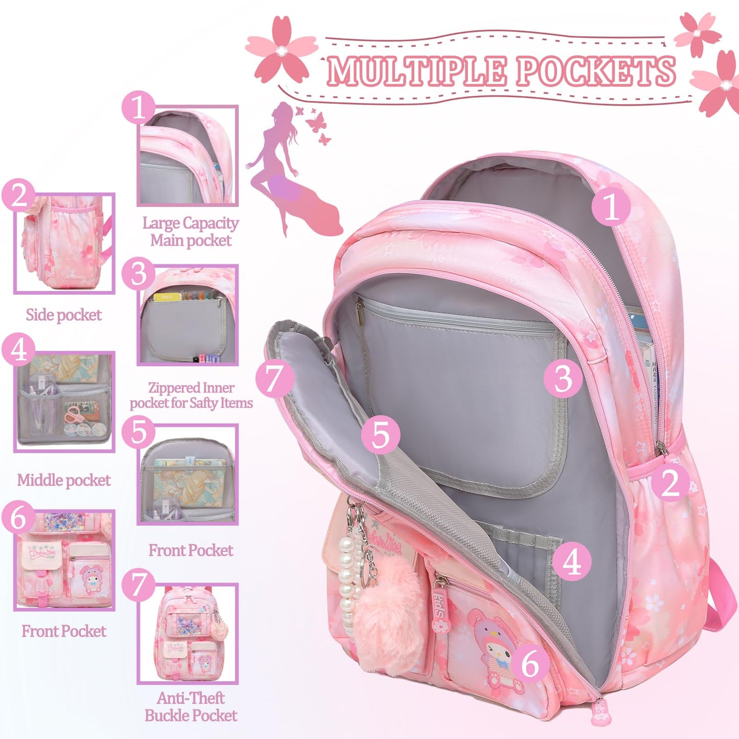 Lovely Girls Backpack School Bag for Students Kids Book Bag with Multiple Pockets Splash-proof Children's Backpack（17inch Pink）