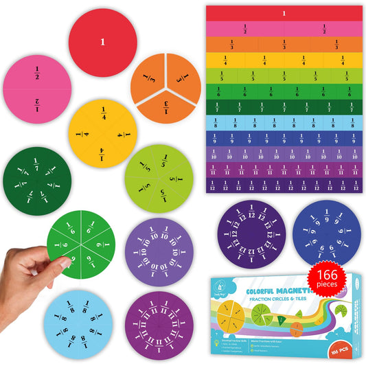 166 PCS Magnetic Fraction Tiles & Fraction Circles - Elementary Fraction Manipulatives Class Set - Magnetic Fraction Bars & Strips Fraction Kit, Fraction Magnets, Math Manipulatives - Simply Magic