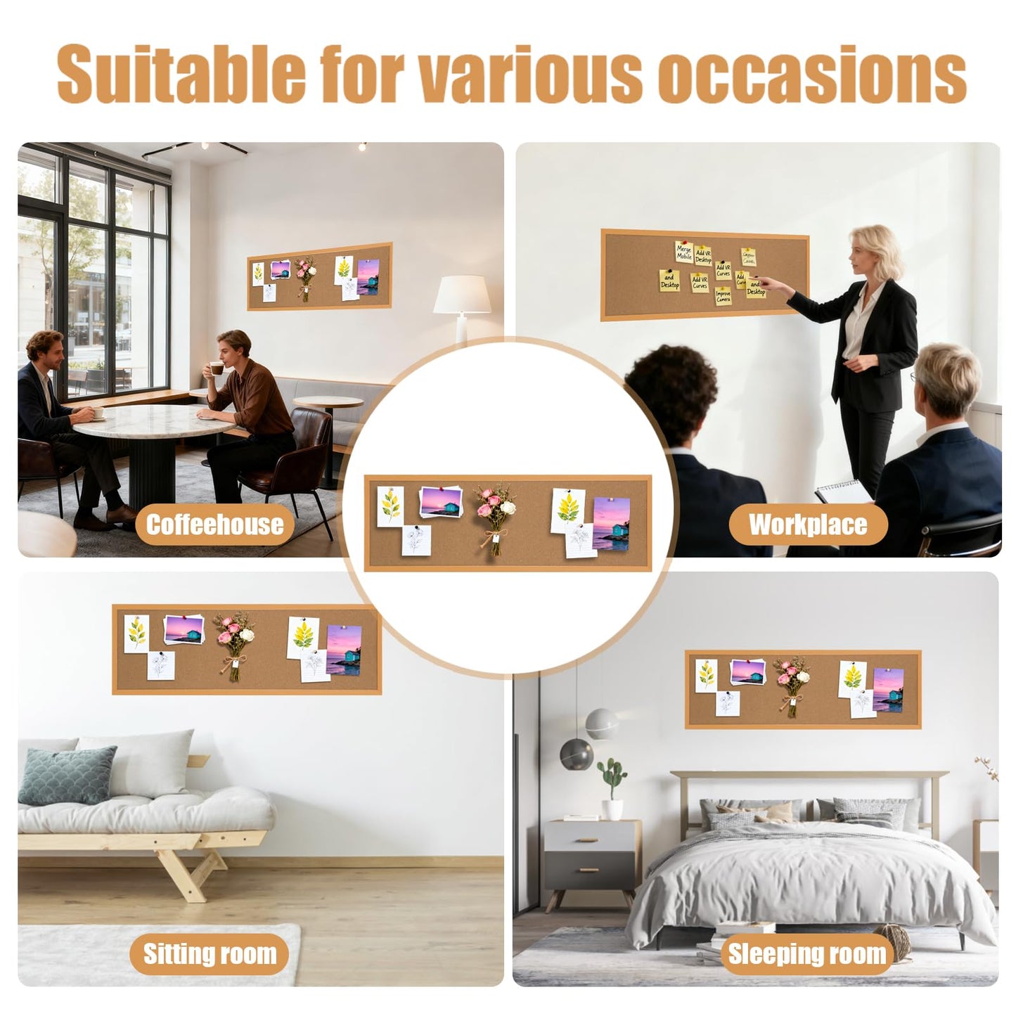 LECEHIVO 2 Pcs 12'' x 36'' Cork Bulletin Board Wall Mounted Framed Large School Message Corkboard with Installation Kit Push Pins for Home and Office Decor Vision Background (Brown)