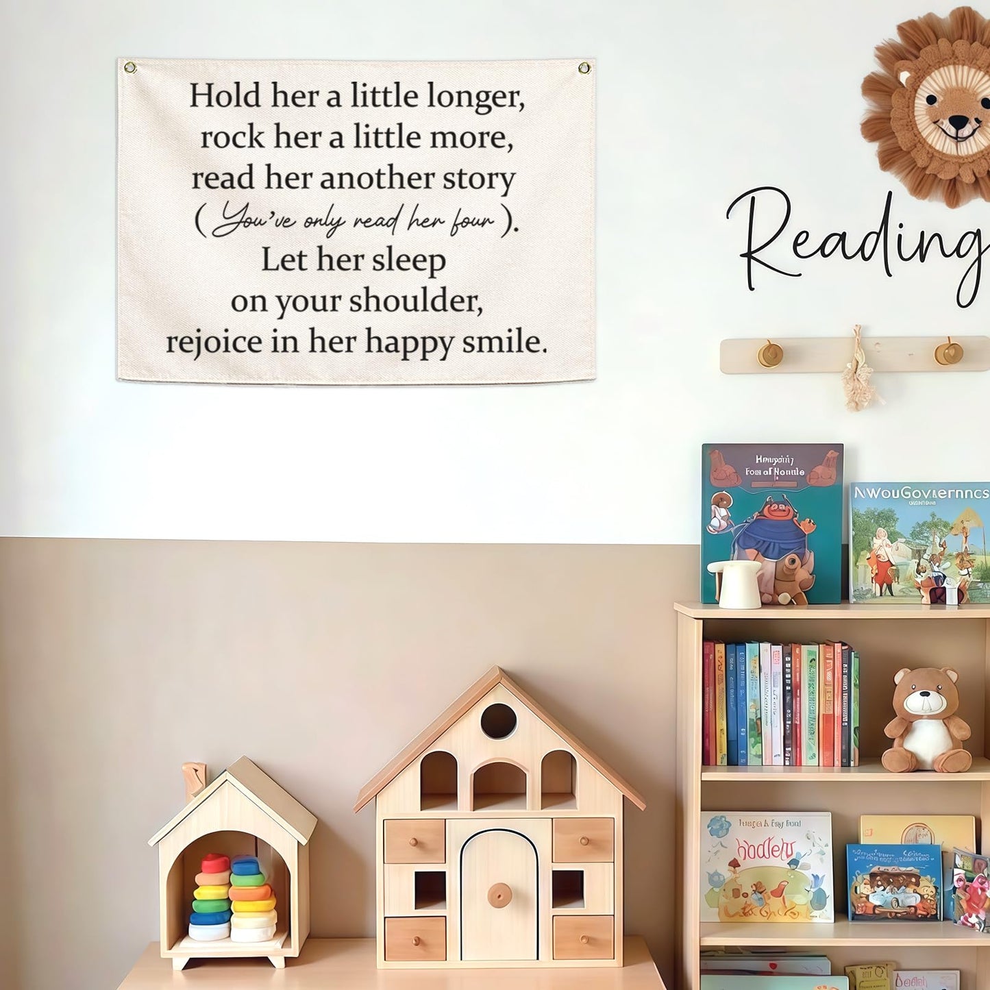 Girls Nursery Canvas Rectangular Banner-Hanging Flag Wall Decoration for Baby Girls Kids,Playroom Bedroom Dorm Decor,Baby Shower Christmas Gift-Hold Her A Little Longer 28.5"L×20"W