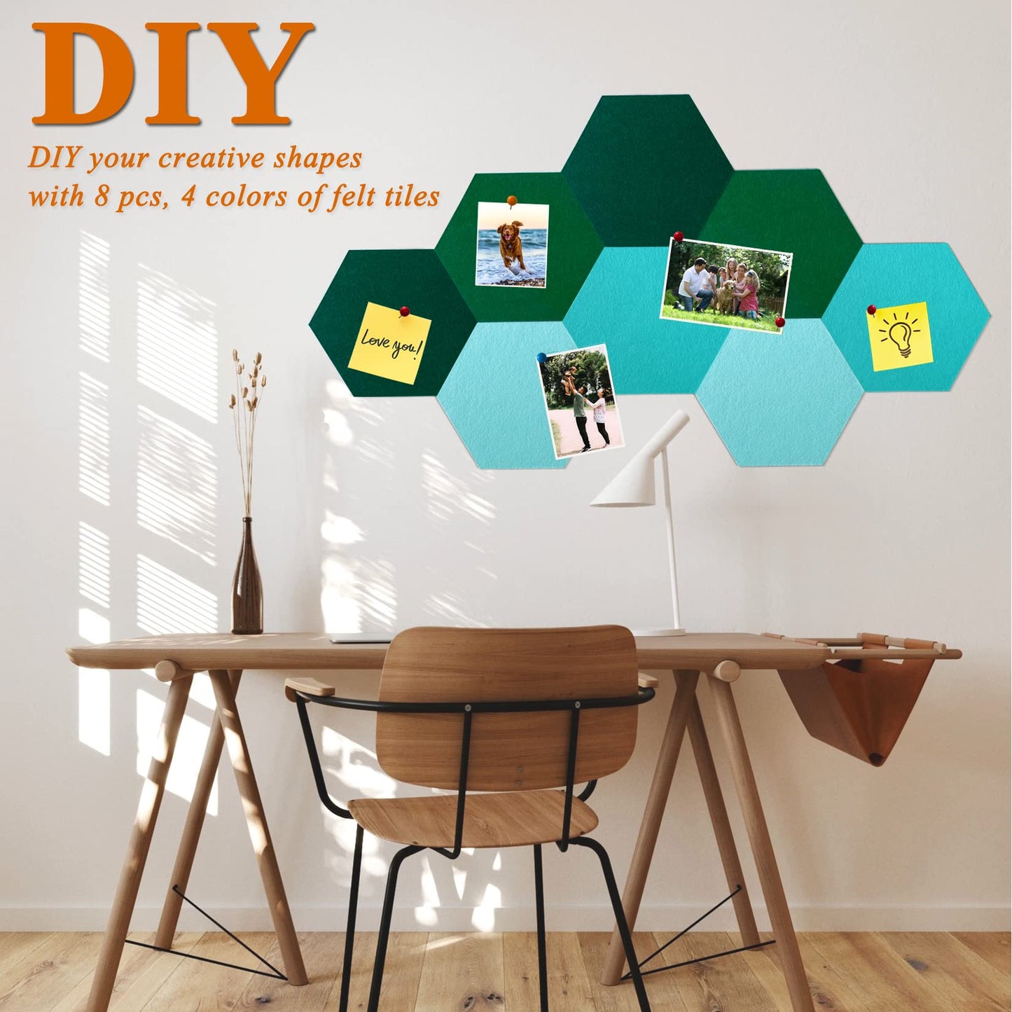 HULAVO 8Pcs Hexagon Felt Cork Board Tiles, Self Adhesive DIY Bulletin Board Pin Board for Office School Home Wall Decor Stickers Memos Photos Display (Gradual Green)