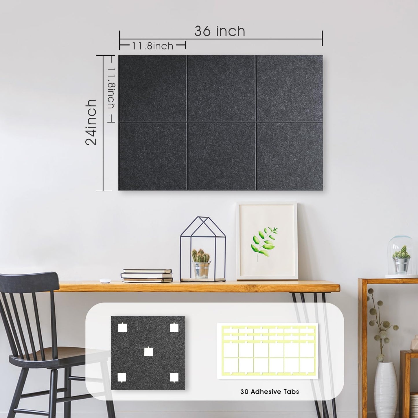 Large Cork Board for Office Wall Decor, 36"x24"- 6 Pack Felt Wall Tiles with Safe Removable Adhesive Tabs, 1/2" Thick, Felt Bulletin Board Pin Board Cork Boards for Walls - Dark Grey