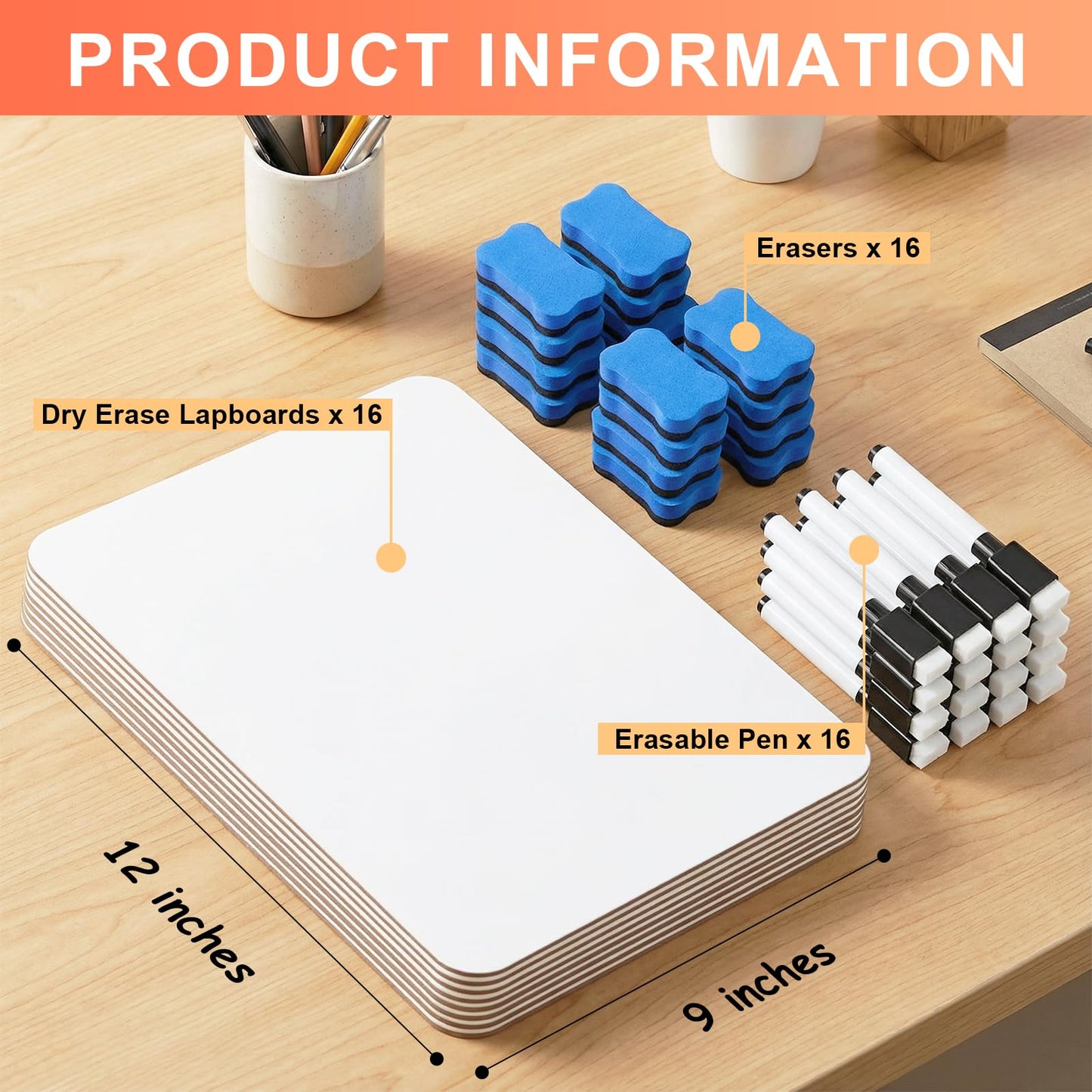 HOUYEE 16 Pack Small White Board Dry Erase Boards, 9 x 12 Inch Double Sided Mini Dry Erase LapBoards with 16 Erasable Pen & 16 Erasers, Handheld Whiteboards Suitable for Offices, Homes, Classrooms