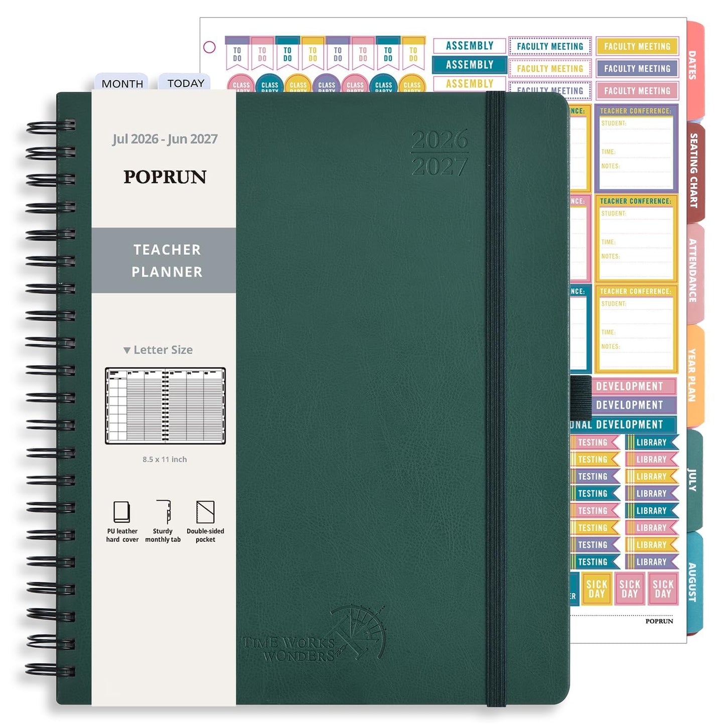POPRUN Teacher Lesson Planner 2026-2027, (Letter Size - 8.5'' x 11'') Academic Planner July 2026 - June 2027 with Gradebook & Color Monthly Tabs, Thick Paper, 2-Sided Pocket, Leather Cover, Evergreen