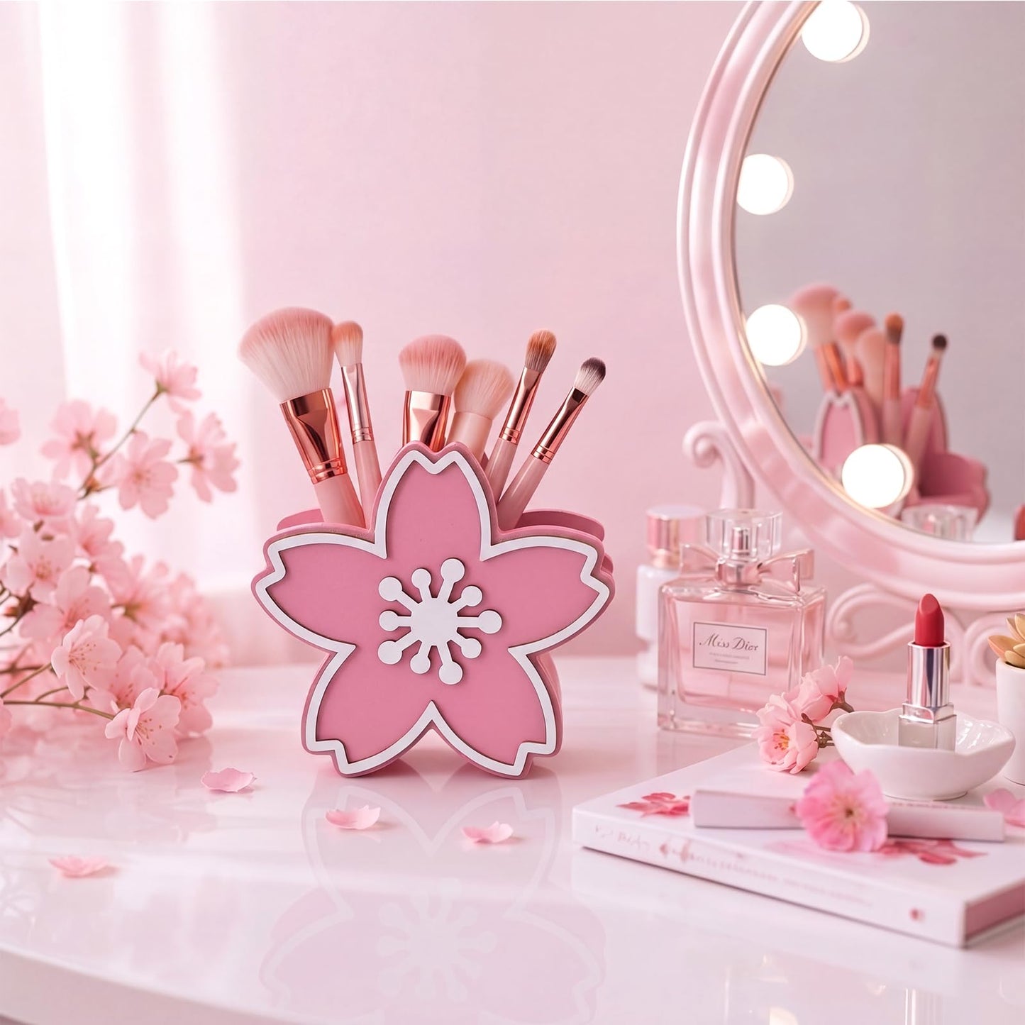 Tenceur Pink Cherry Blossom Holder for Desk Large Capacity Cherry Blossom Pencil Holder Coquette Supplies Desk Organizer Teacher Office Decor Makeup Brush Holders Back to School Gift for Girls Women