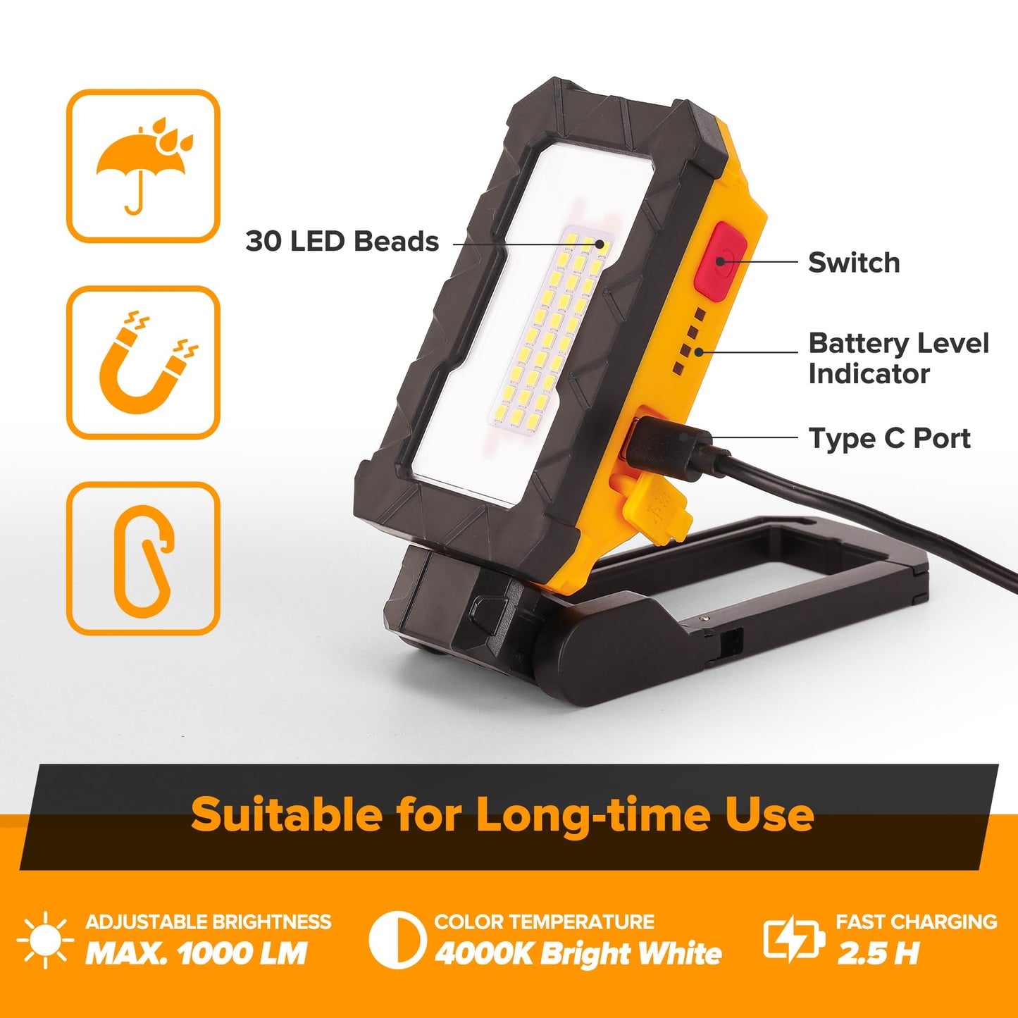 LUTEC Rechargeable Work Light, 1000 Lumens, Magnetic Base, 360? Rotate, 200? Swivel, 2 Pack, Aluminum, Orange, Model 790220242