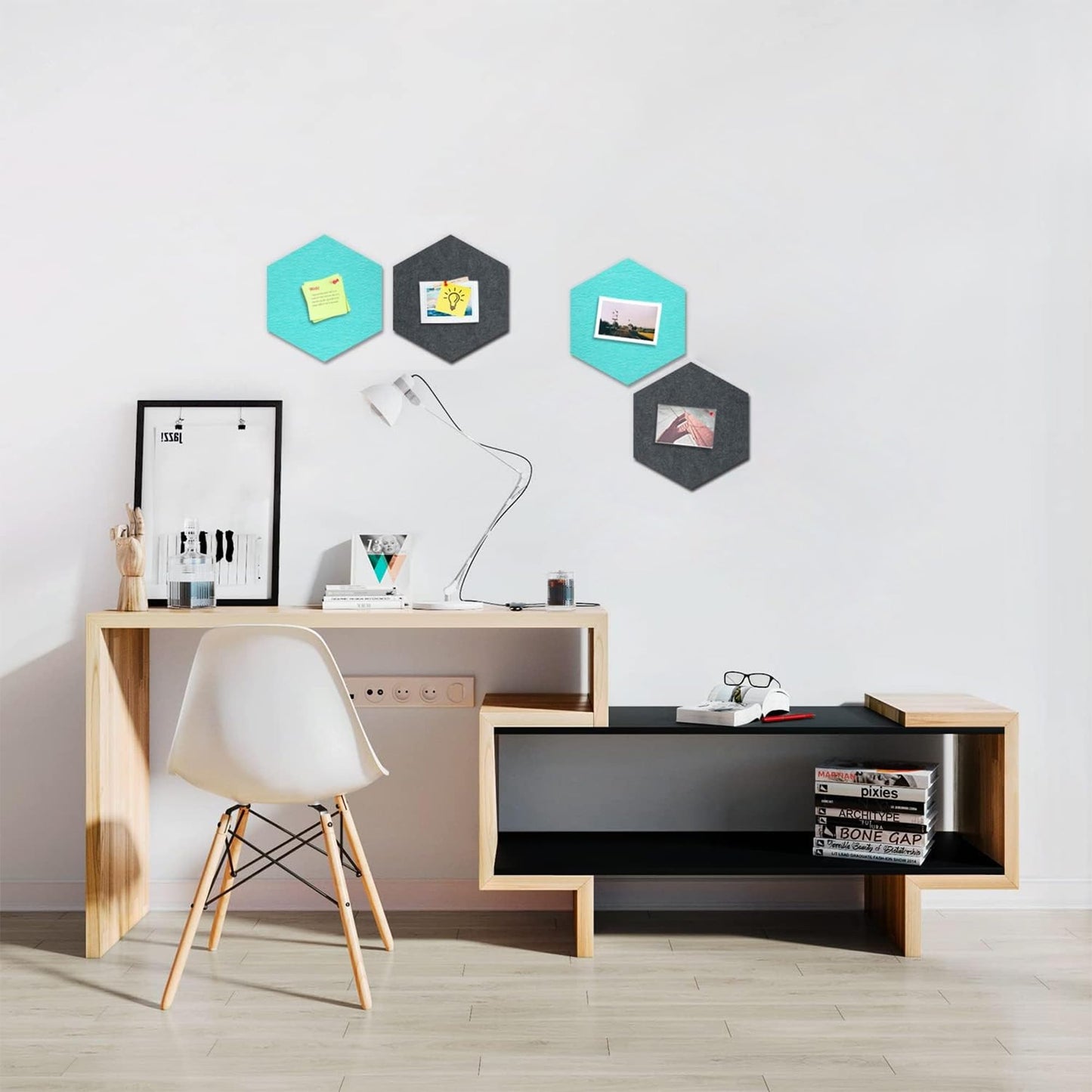Uoisaiko 4 Pack Hexagon Felt Bulletin Board Tiles - 12" Large Thick Pin Board for Walls with 30 Push Pins, DIY Boards for Office Home School Decor, Aesthetic Hex Cork Board Alternative