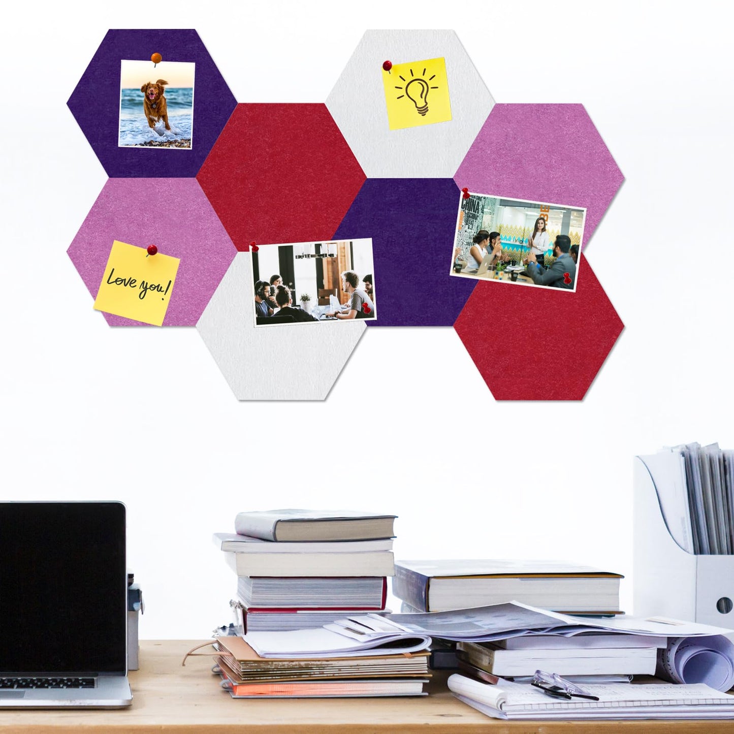 HULAVO Large Hexagon Felt Cork Board Tiles, Self Adhesive DIY Felt Bulletin Board Pin Board with 35 Pushpins for Office School Home Wall Decor(Purple+Light Purple+Deep Red)