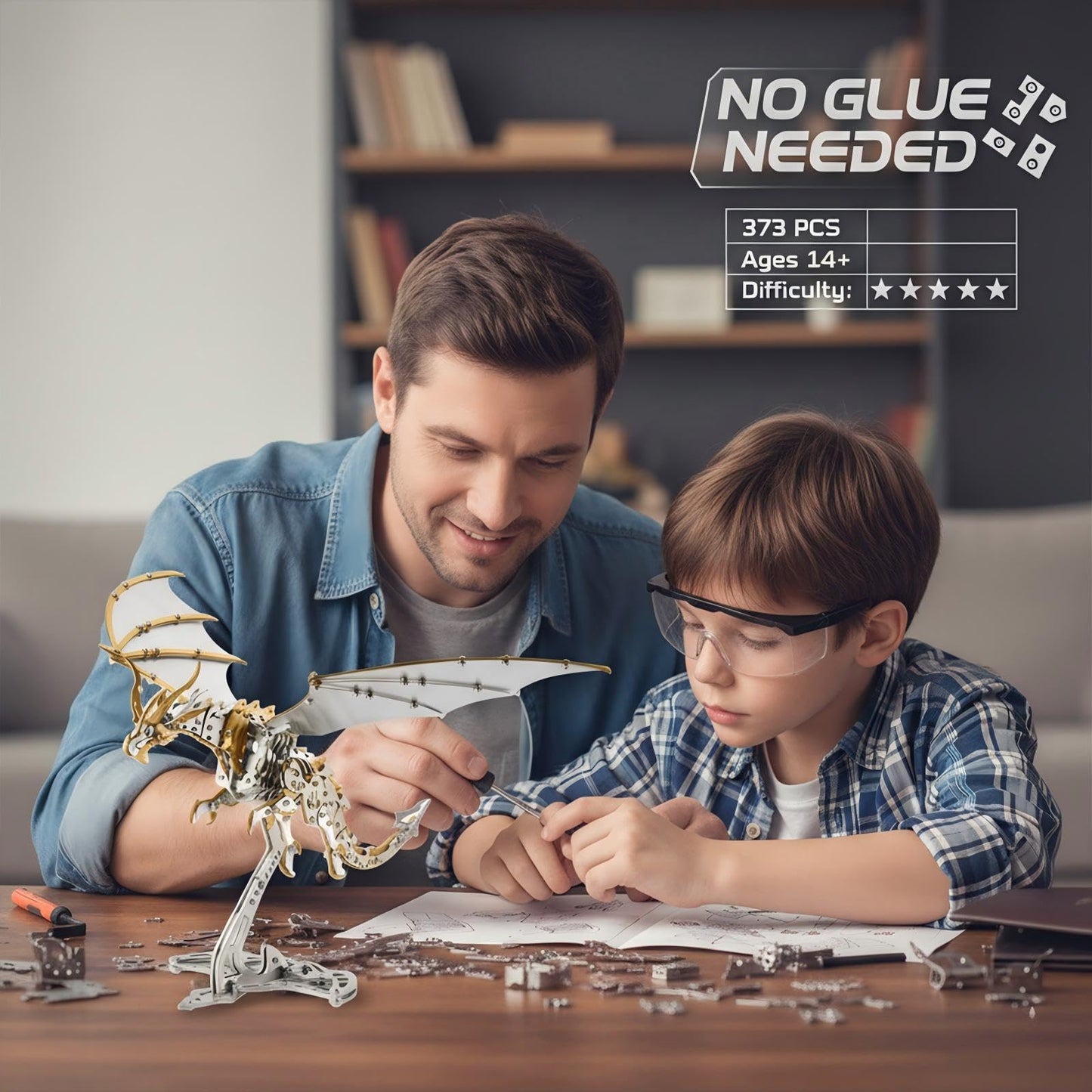 Dragon 3D Metal Puzzles for Adults, 373PCS Stainless Steel DIY Mechanical Metal Model Kits,No Glue Assembly with Movable Joints,Challenging Desk Decor Gift(Golden Silver Dragon)
