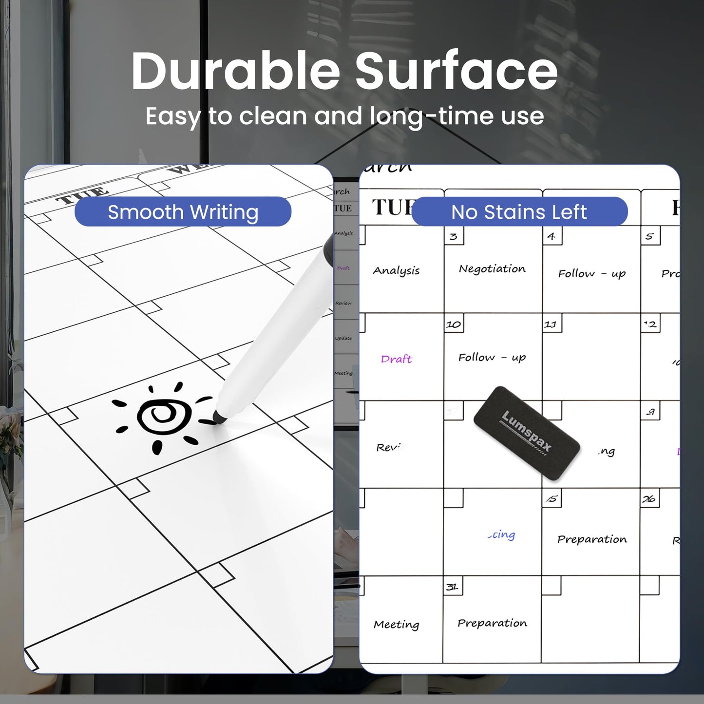 Lumspax Monthly Whiteboard Calendar for Wall, 24" x 18" Dry Erase Board with Plastic Frame, Hanging Dry Erase Calendar with 3 Mini Sticky Notes for Kitchen Planner, Memo, Home and Office, Blue